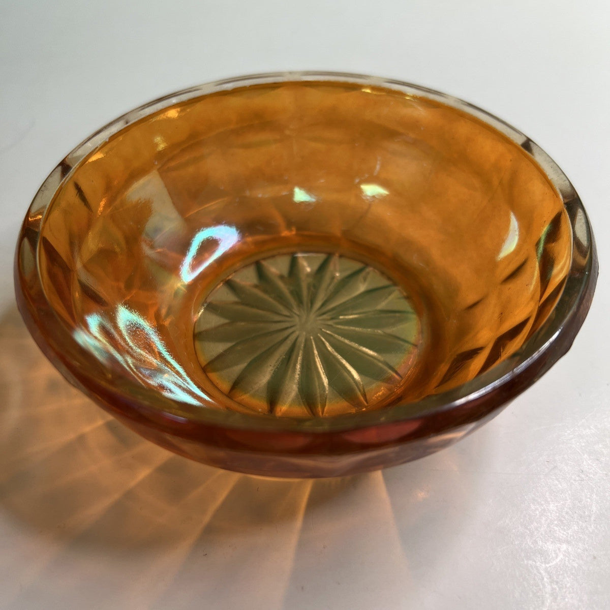 Marigold Carnival Glass 4” Berry Bowl With Block Design Clear Starburst Bottom