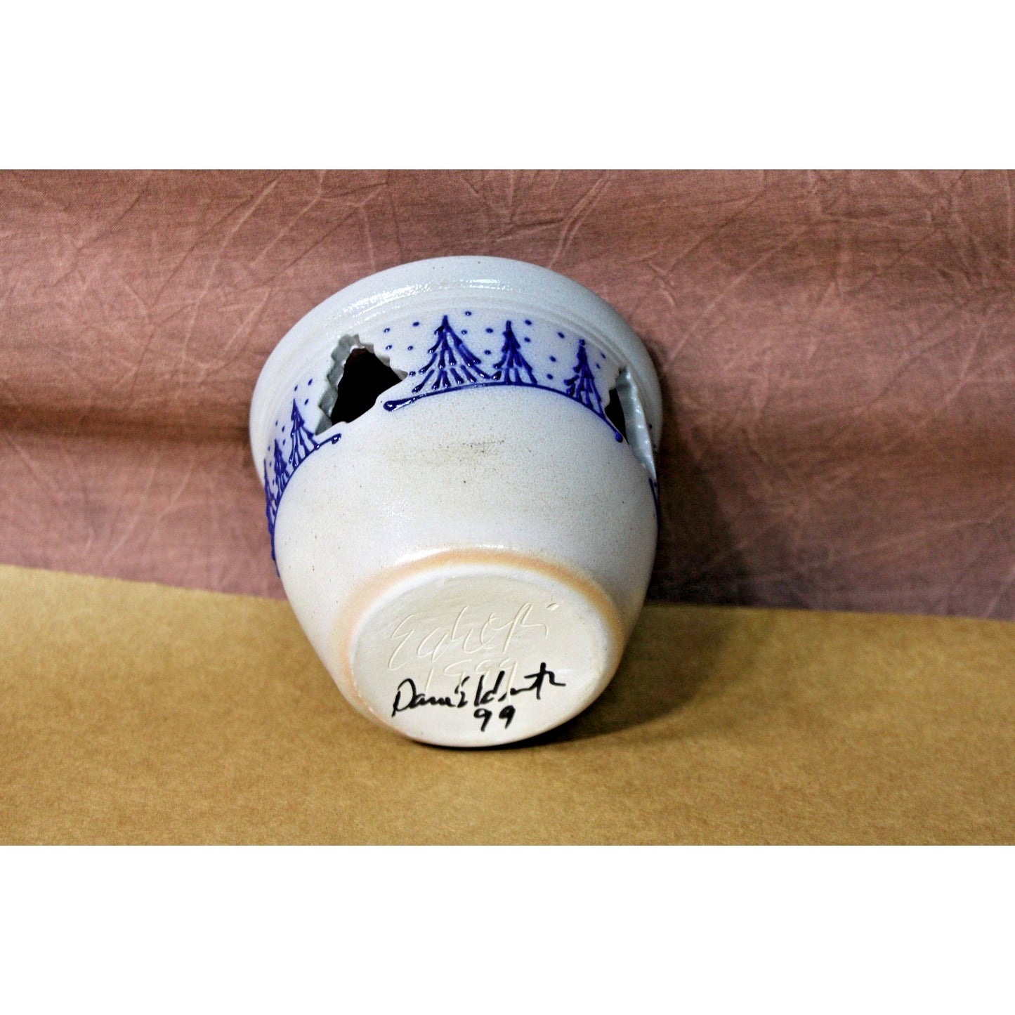 Eldreth Pottery Candle Crock, Holiday, Evergreen Grees, Signed 1999