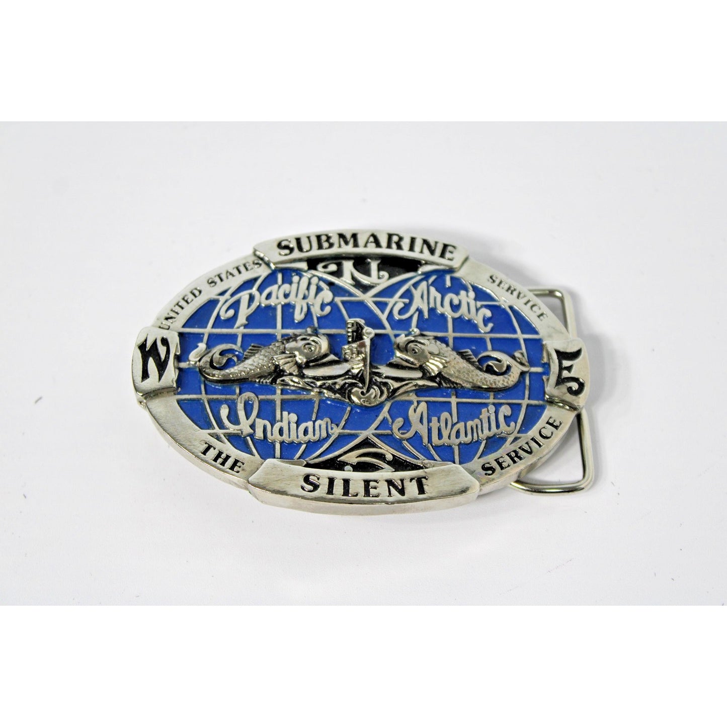 Vintage USN/US NAVY Belt Buckle SUBMARINE Silent Service, Western Pewter Enamel