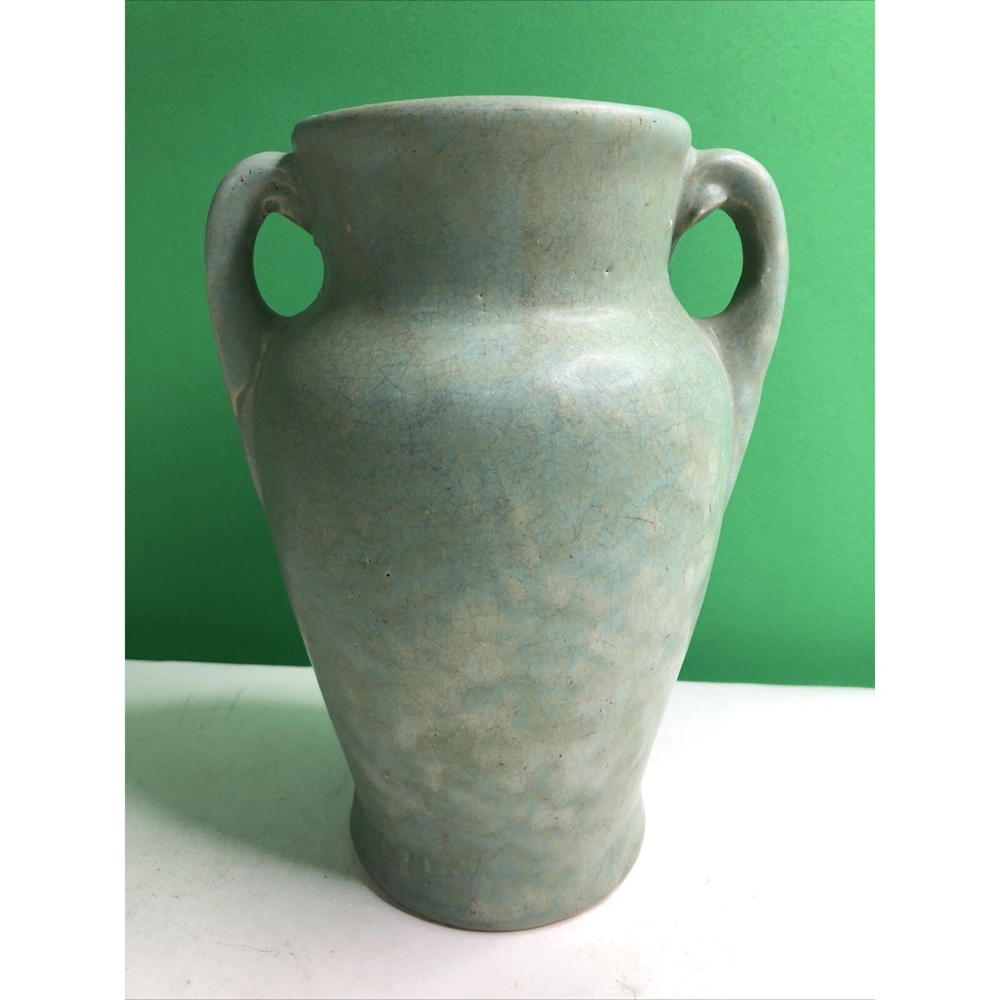 Brush McCoy 1930s Vintage Art Deco Pottery Mottled Green Cream Ceramic Vase