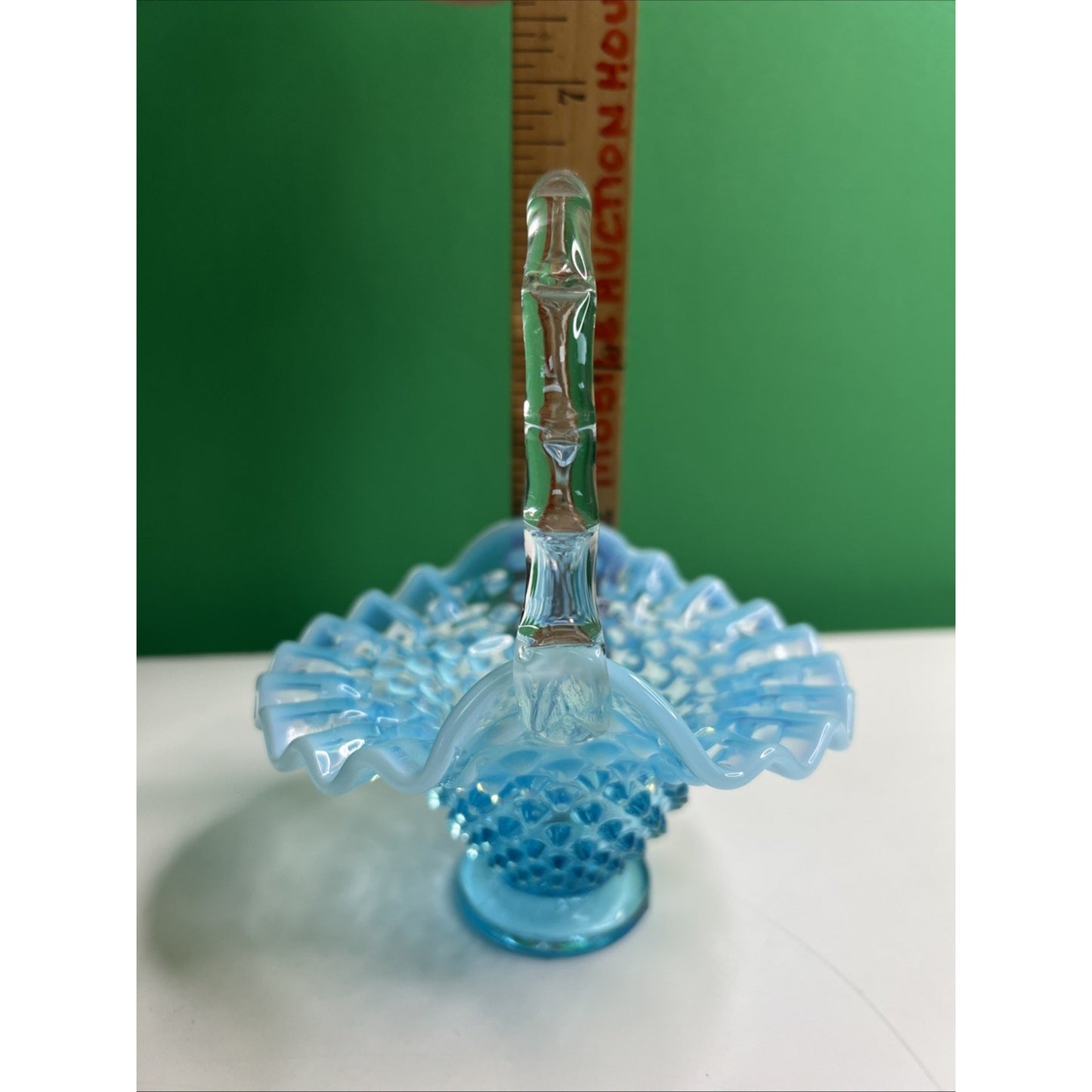 Vintage Fenton Blue Opalescent Hobnail Basket Ruffled Glass with Handle 6” Tall