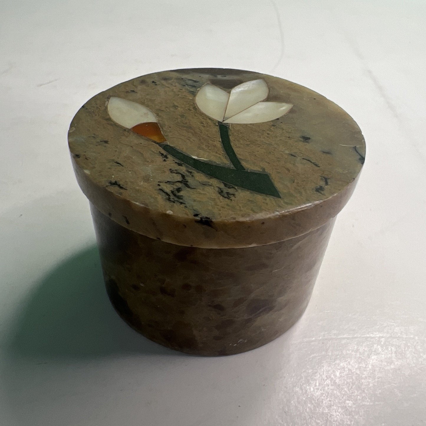 Carved Soapstone Small Inlaid Round Box Trinket Vanity Natural Stone with Lid