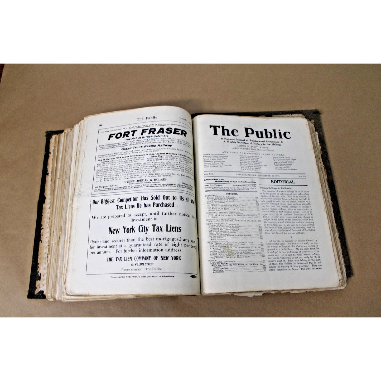 Antique 1911 Chicago Newspaper "The Public" Bound Vol., Later "The New Republic"