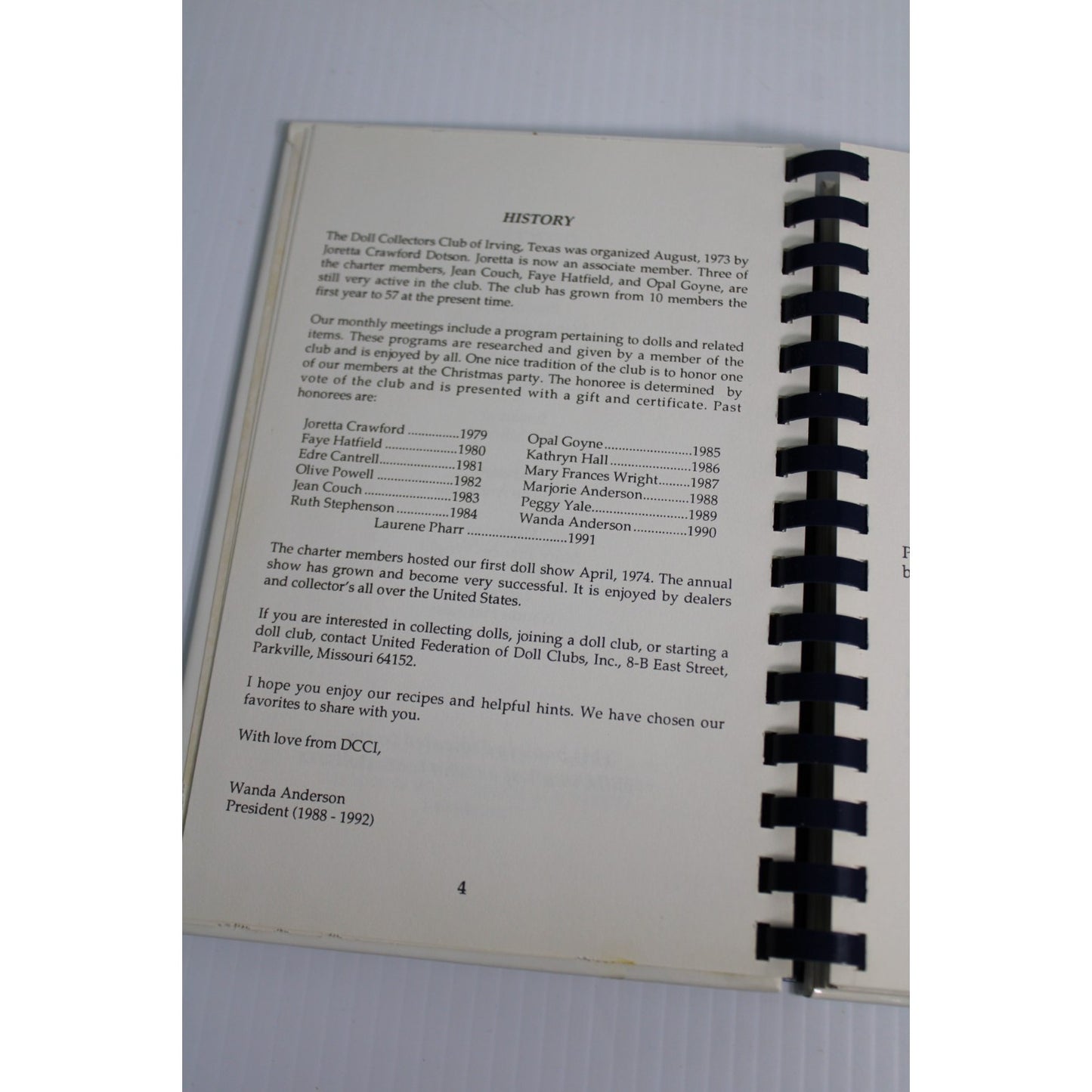 Vintage 1992 Doll Collectors Club of Irving Texas Cookbook Our Favorite Recipes