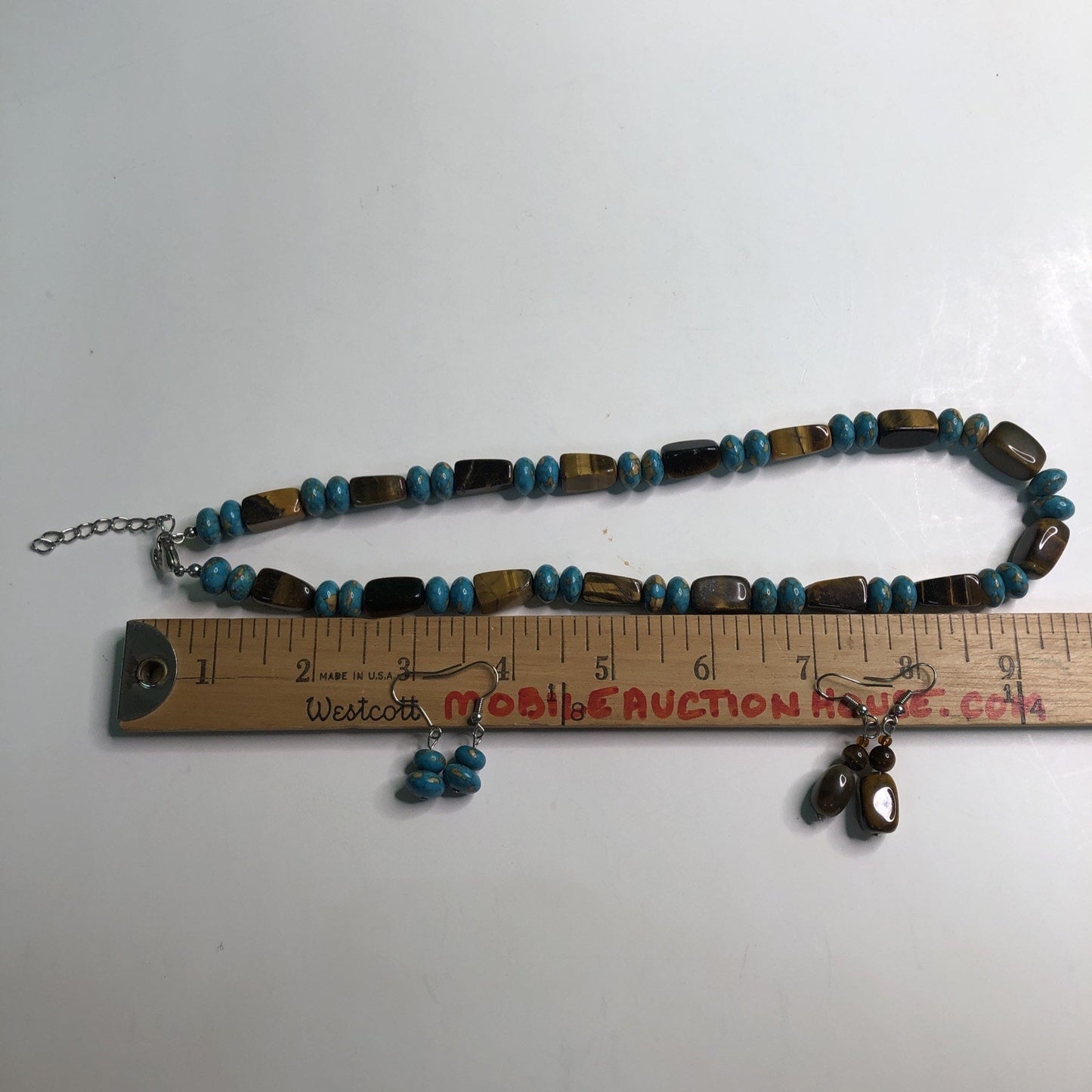 Turquoise & Tigereye Necklace + 2 Pair Earrings Wheeler’s Genuine Gemstone Jewel