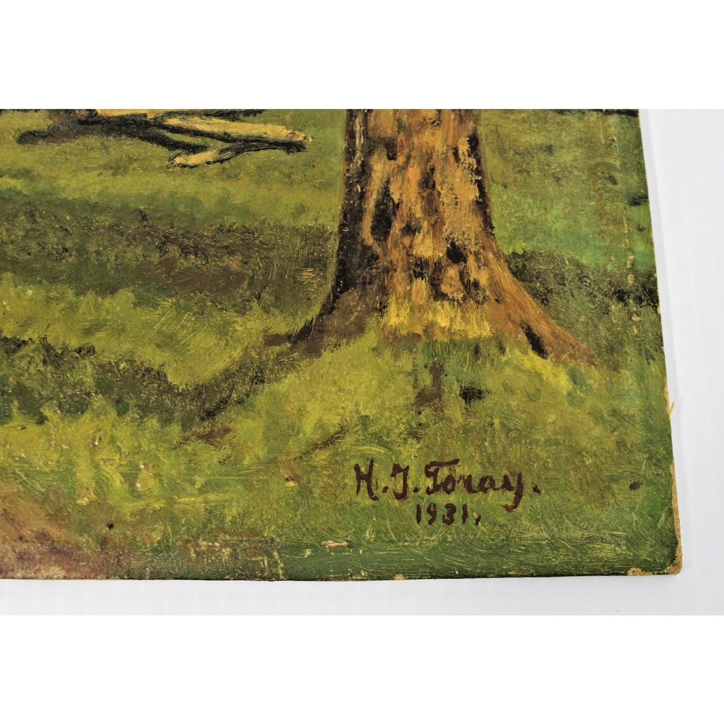 Small Oil on Board Painting, Wooded Scene, M.J. Toray, 1931- American Realism