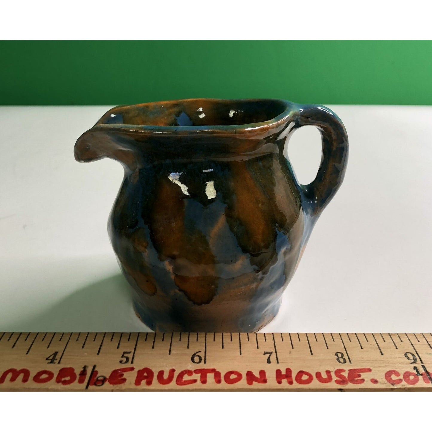 1940 Fairhope AL Art Pottery Pitcher Creamer By Georgia Drip Glaze Blue Orange