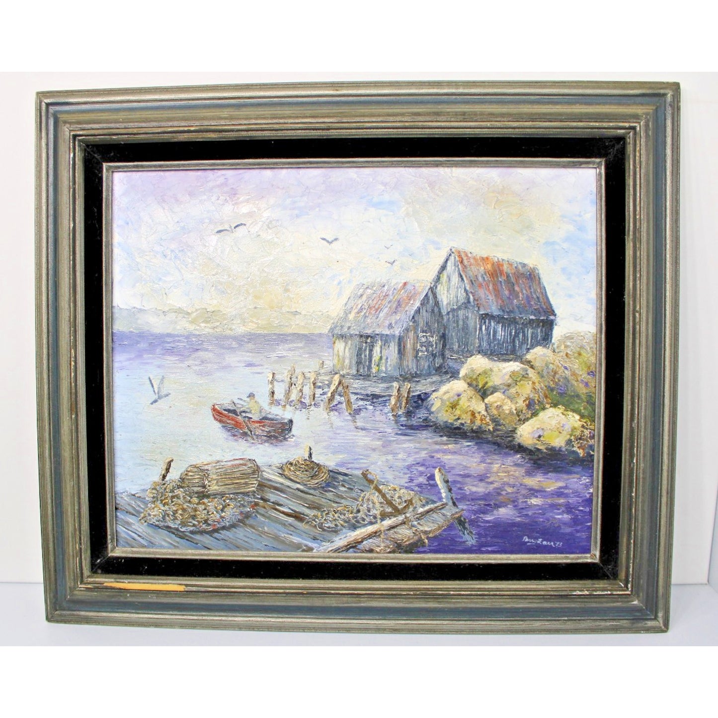 Seaside Oil Painting, Heavy Impasto, Painterly Coastal Scene, Framed 23"x27"
