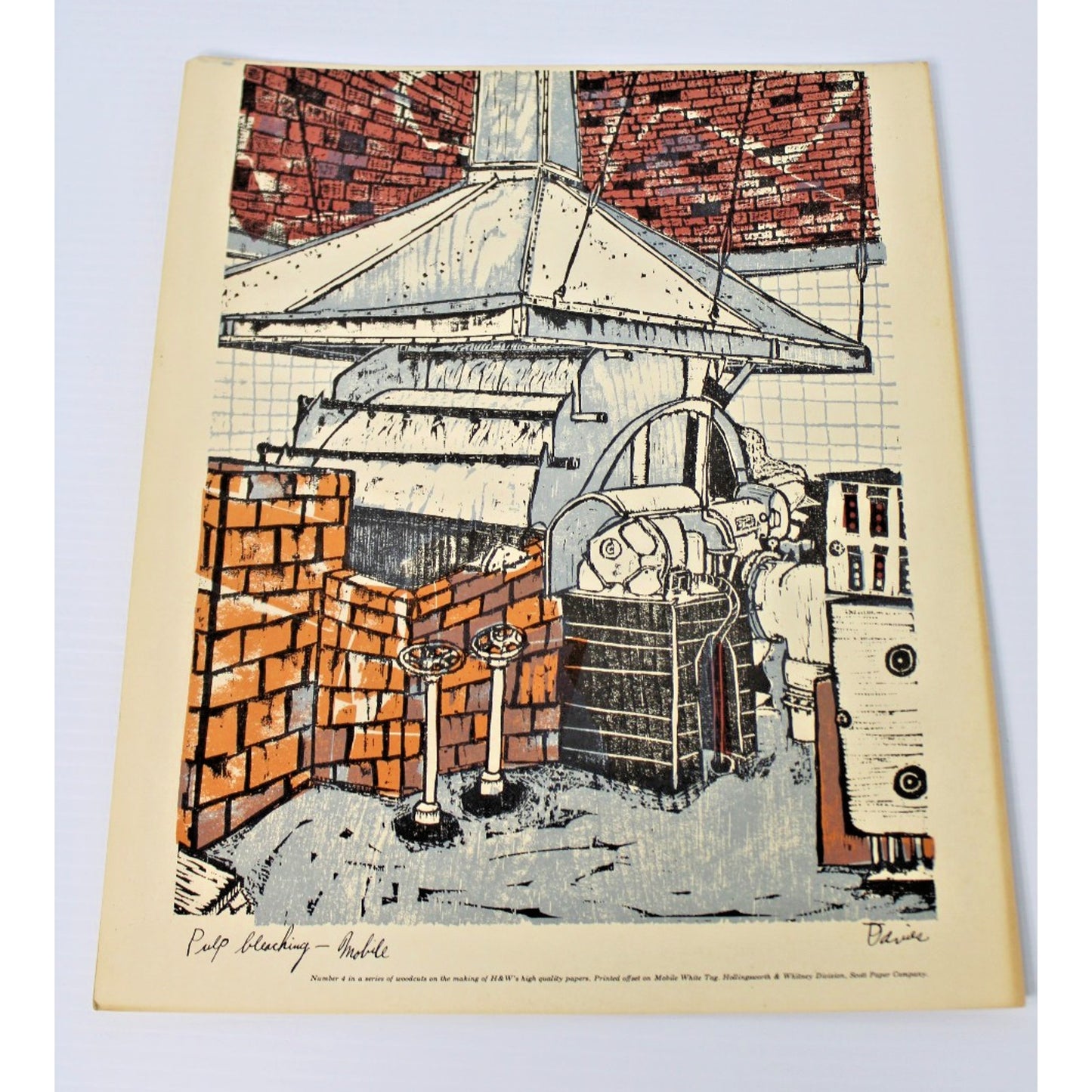 Vintage Woodcut by Ted Davies- Scott Paper Co. Mobile, AL Pulp Bleaching 14"x11"
