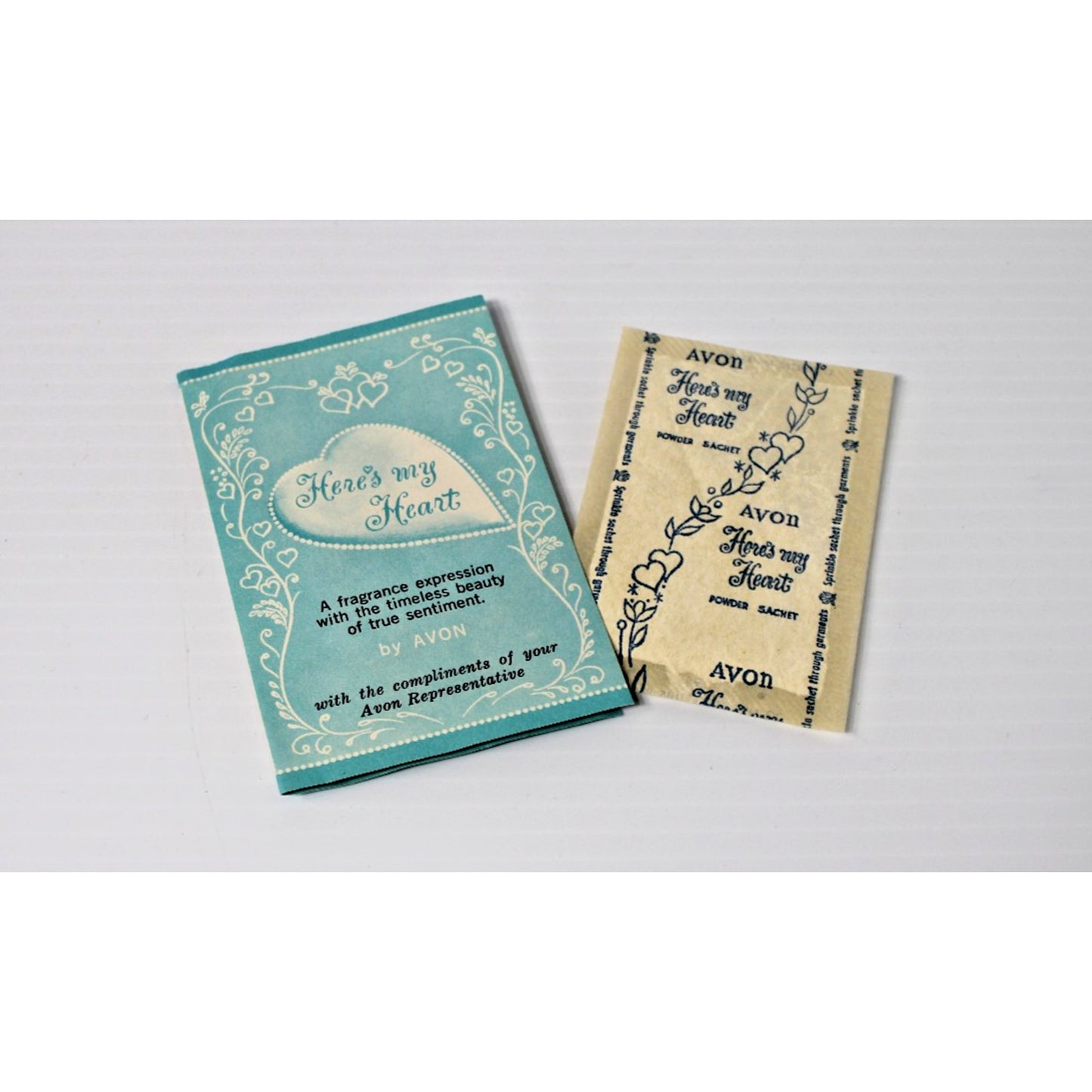 Vintage 1957 Avon Rep. Fragrance Sachet Brochure & Sample, Here's My Heart Scent
