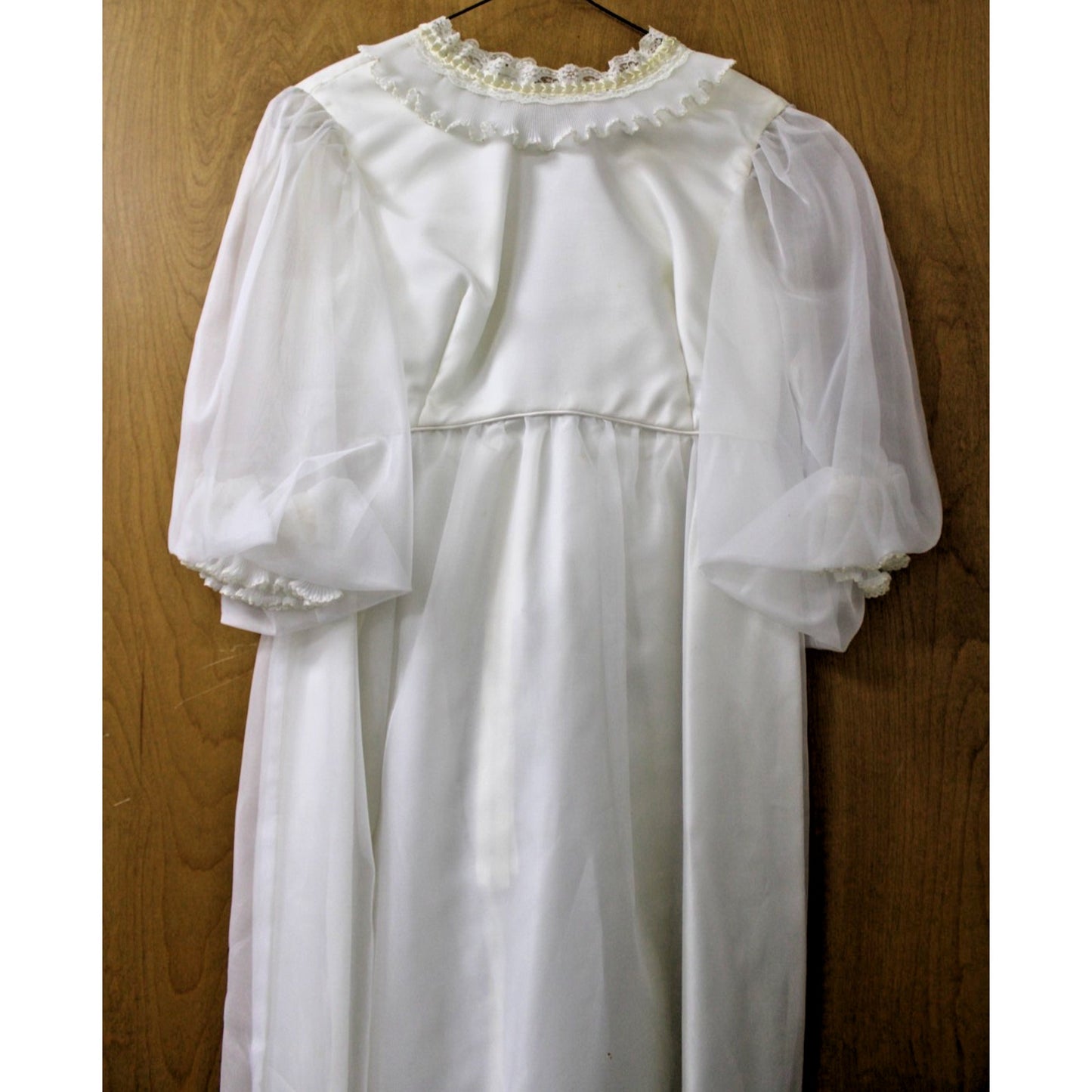 Vtg 70s Emma Domb White Organza Wedding Dress Sheer Balloon Sleeve Back Bow Sz 7