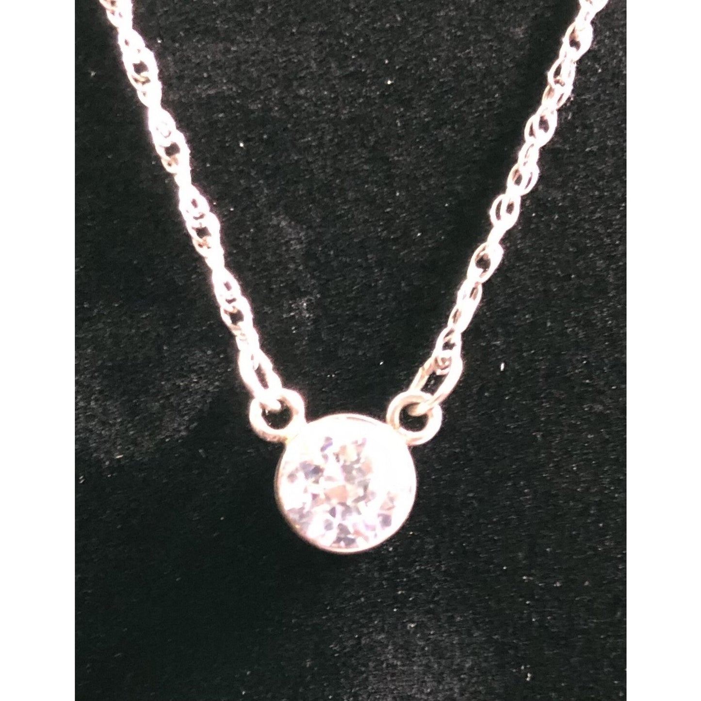 Vintage Sterling Silver CZ Bezel Set Solitaire Pendant Dainty Rope Chain