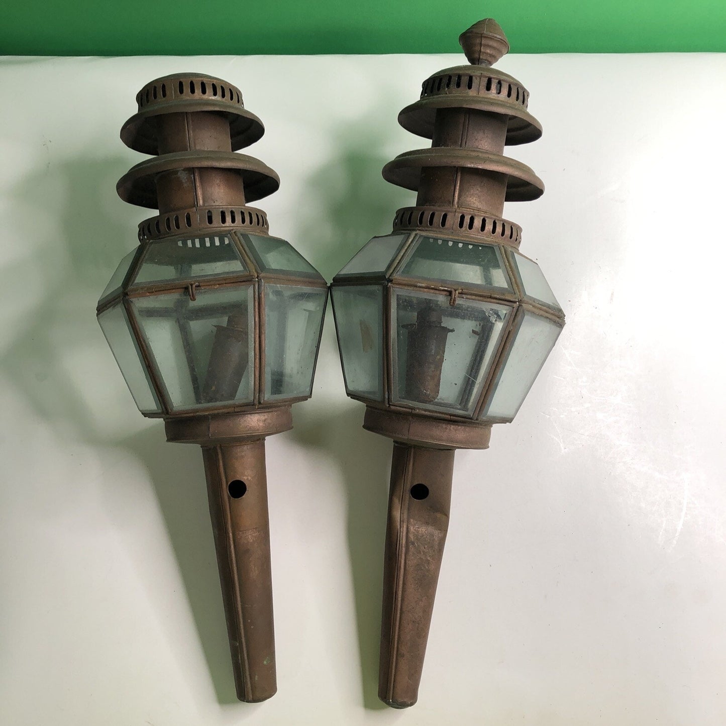 Pair Of Antique Copper Oil Carriage Lamps Buggy Lantern Lights Beveled Glass