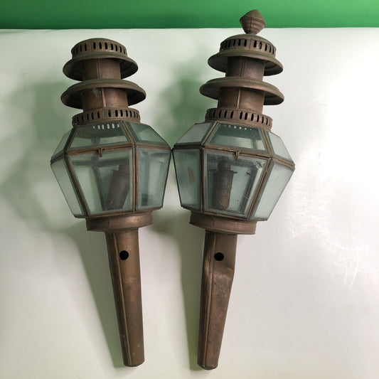 Pair Of Antique Copper Oil Carriage Lamps Buggy Lantern Lights Beveled Glass