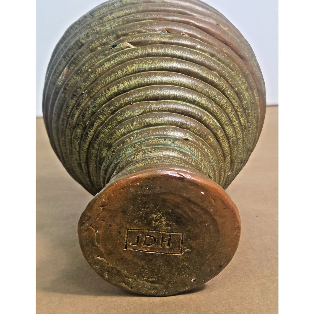 Vintage JDH Brutalist Hand-Coiled Studio Art Pottery Vase – Green & Bronze Drip