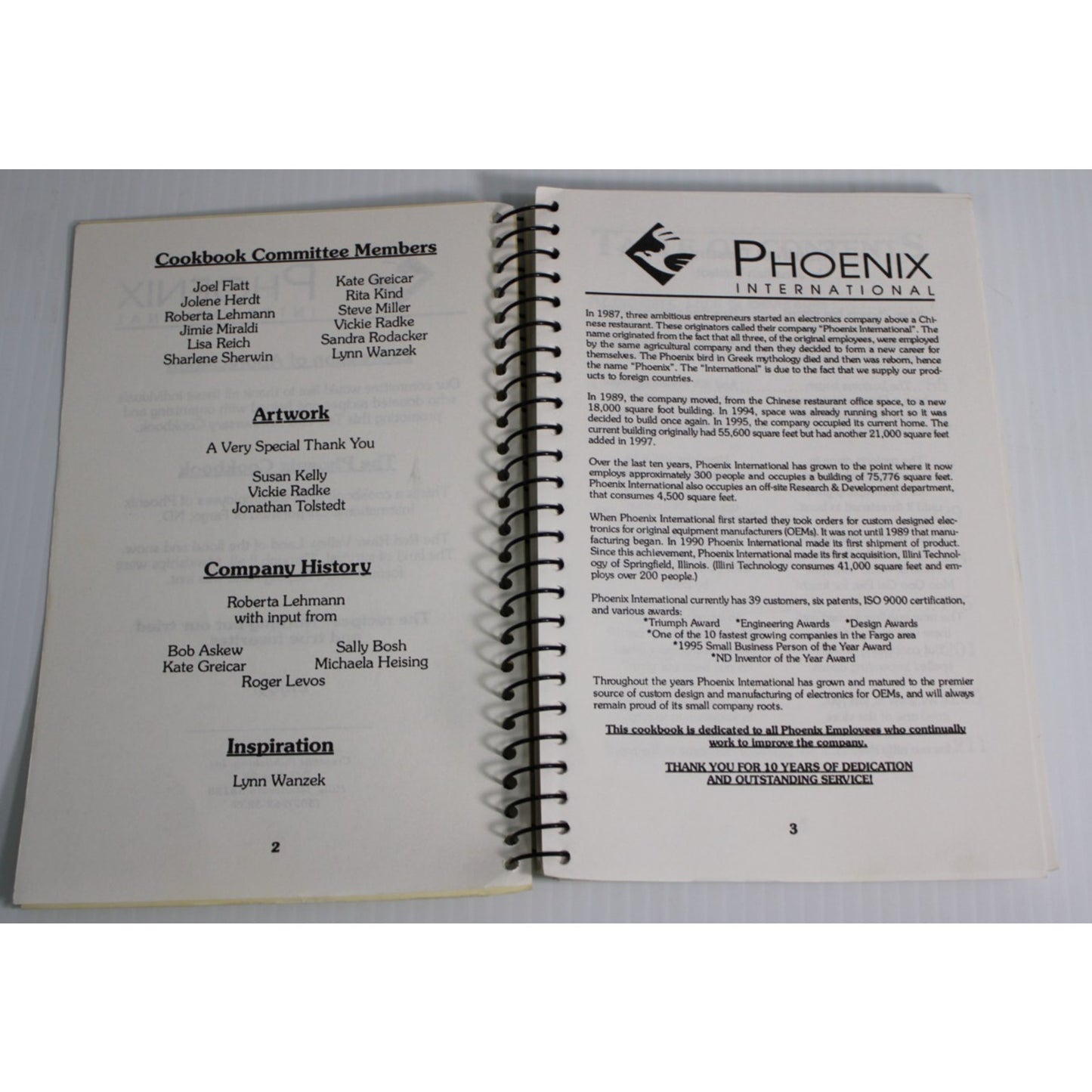 Vintage 1997 Phoenix Cookbook Phoenix International Fargo ND 10 Year Anniversary