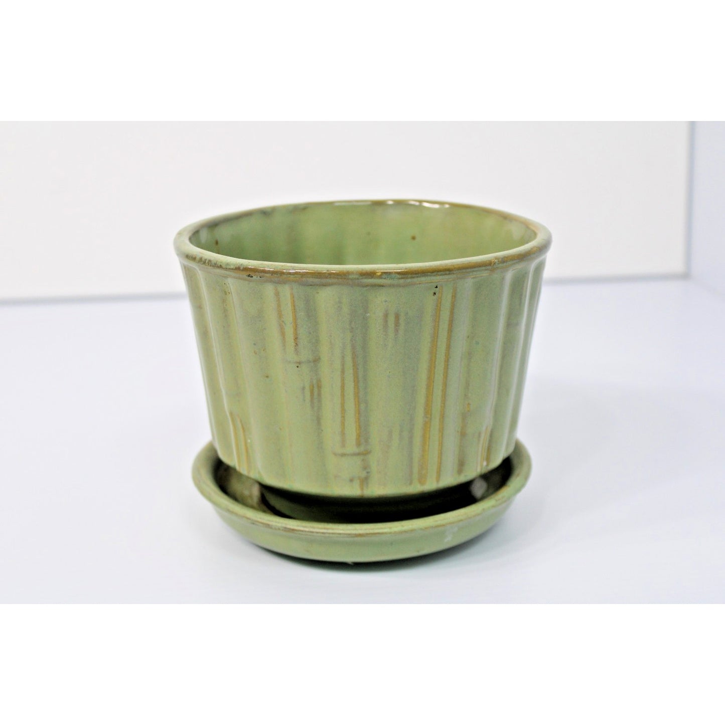 Vintage McCoy Pottery Green Faux Bamboo/ Tiki 6.5" Planter w/ Saucer #0374 USA