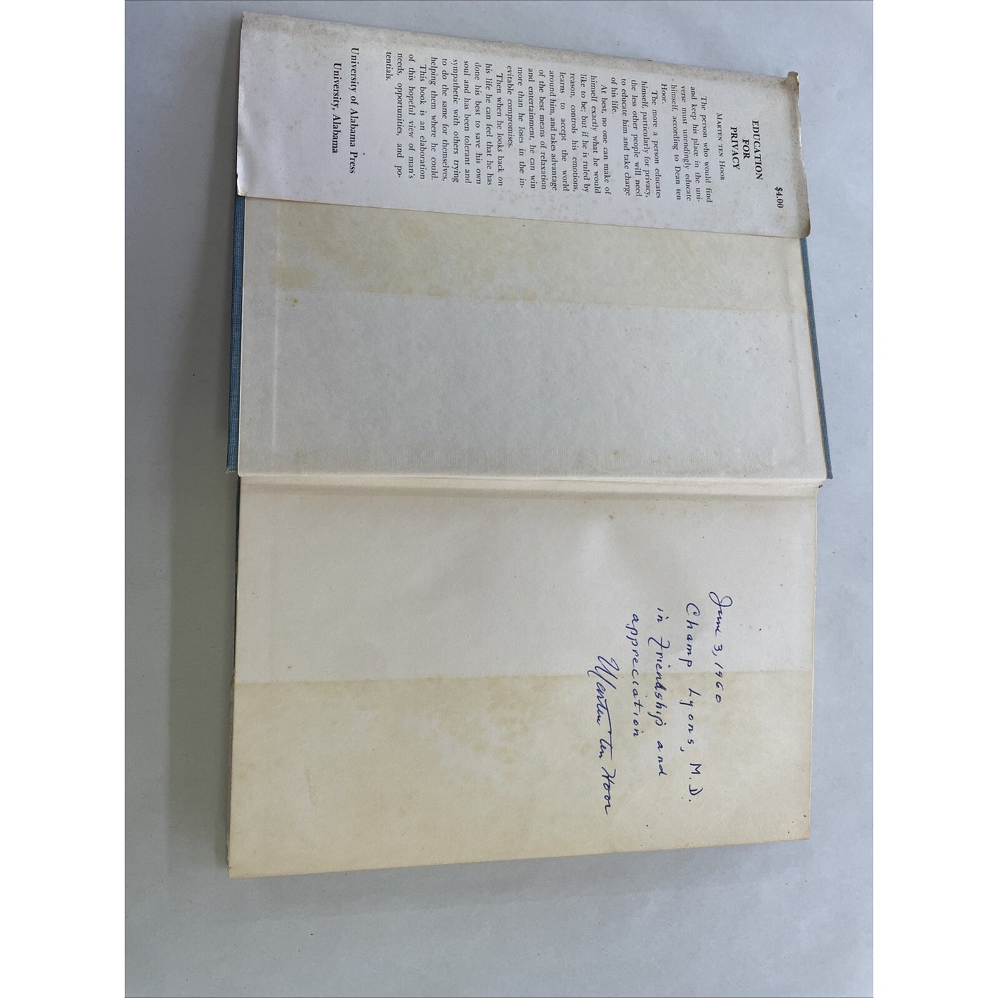 Education For Privacy By Ten Hoor (1960, Hardcover) - RARE - AUTHOR SIGNED COPY