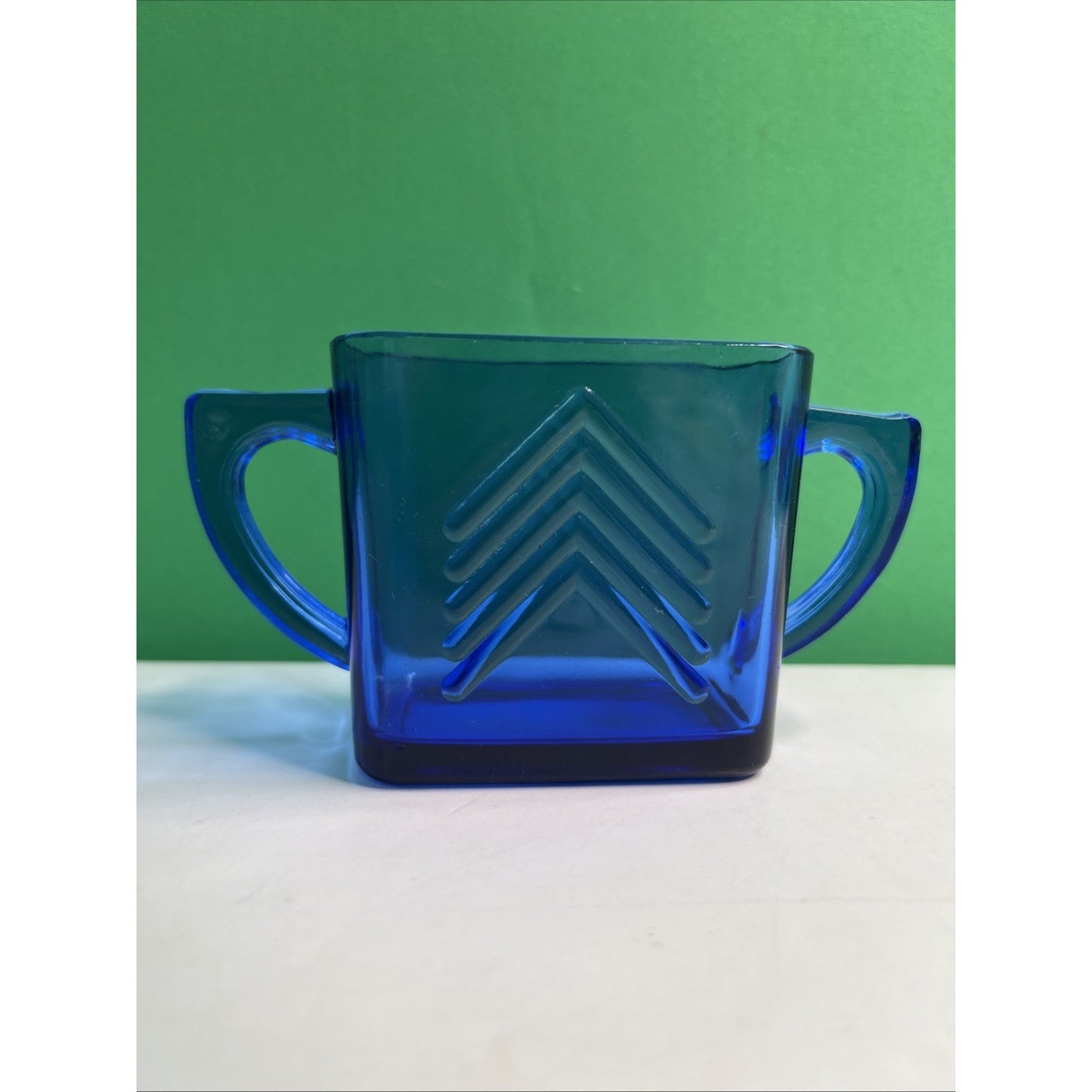 Vintage HAZEL ATLAS Chevron Cobalt Depression Glass Open Sugar Bowl