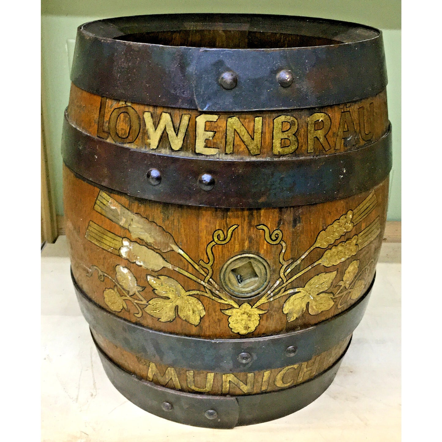 Vintage German Lowenbrau Hand Painted Wooden Beer Barrel- Munich, Germany