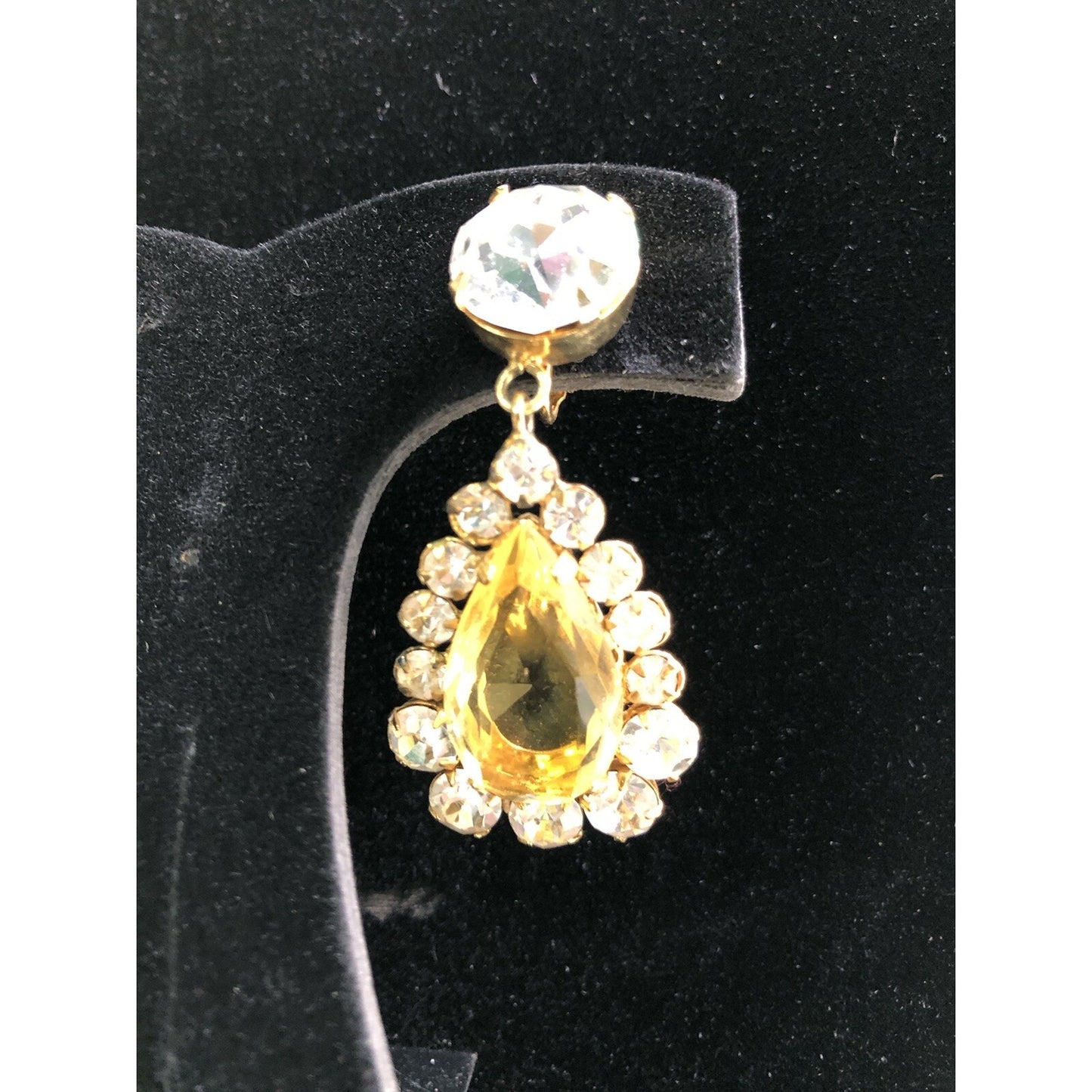 Vintage Showstopper Clip On Earrings Faux Stones Yellow Teardrop & Round Shape