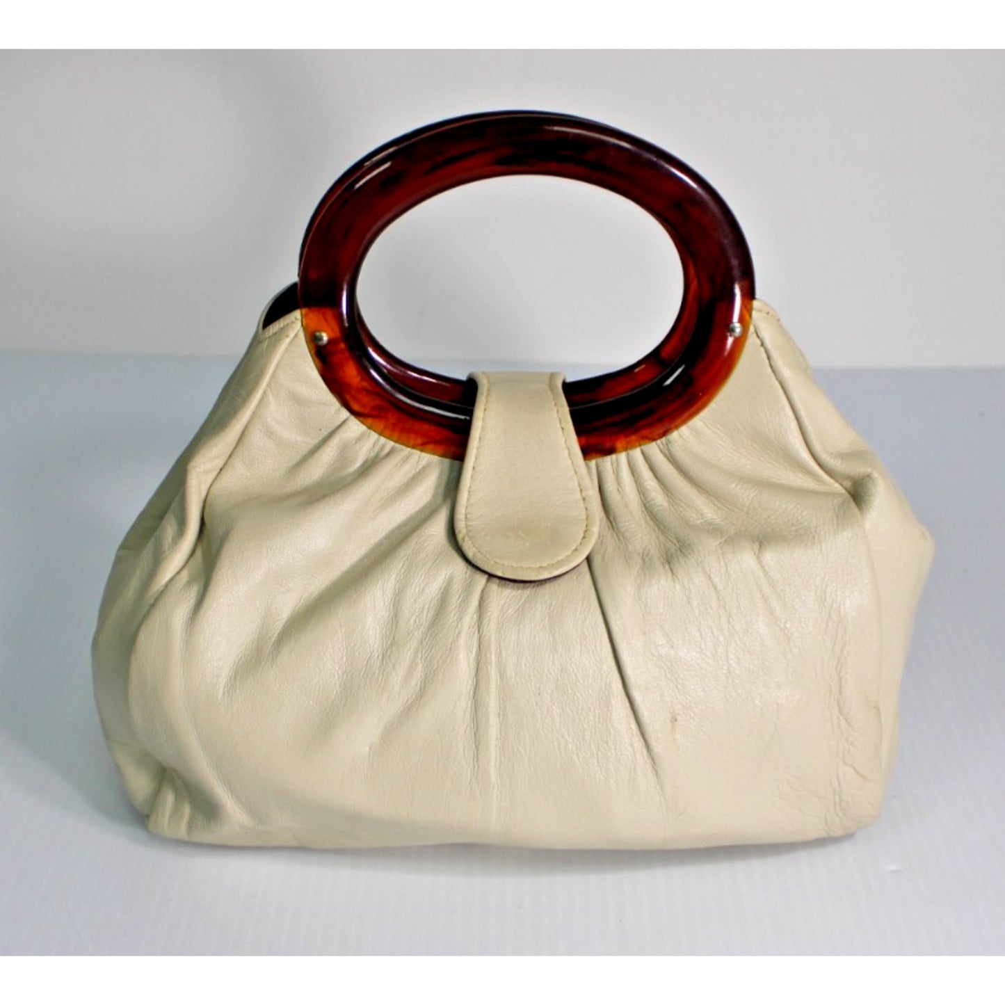 Vintage Andé Cream Slouchy Genuine Leather Handbag Lucite Tortoiseshell Handles