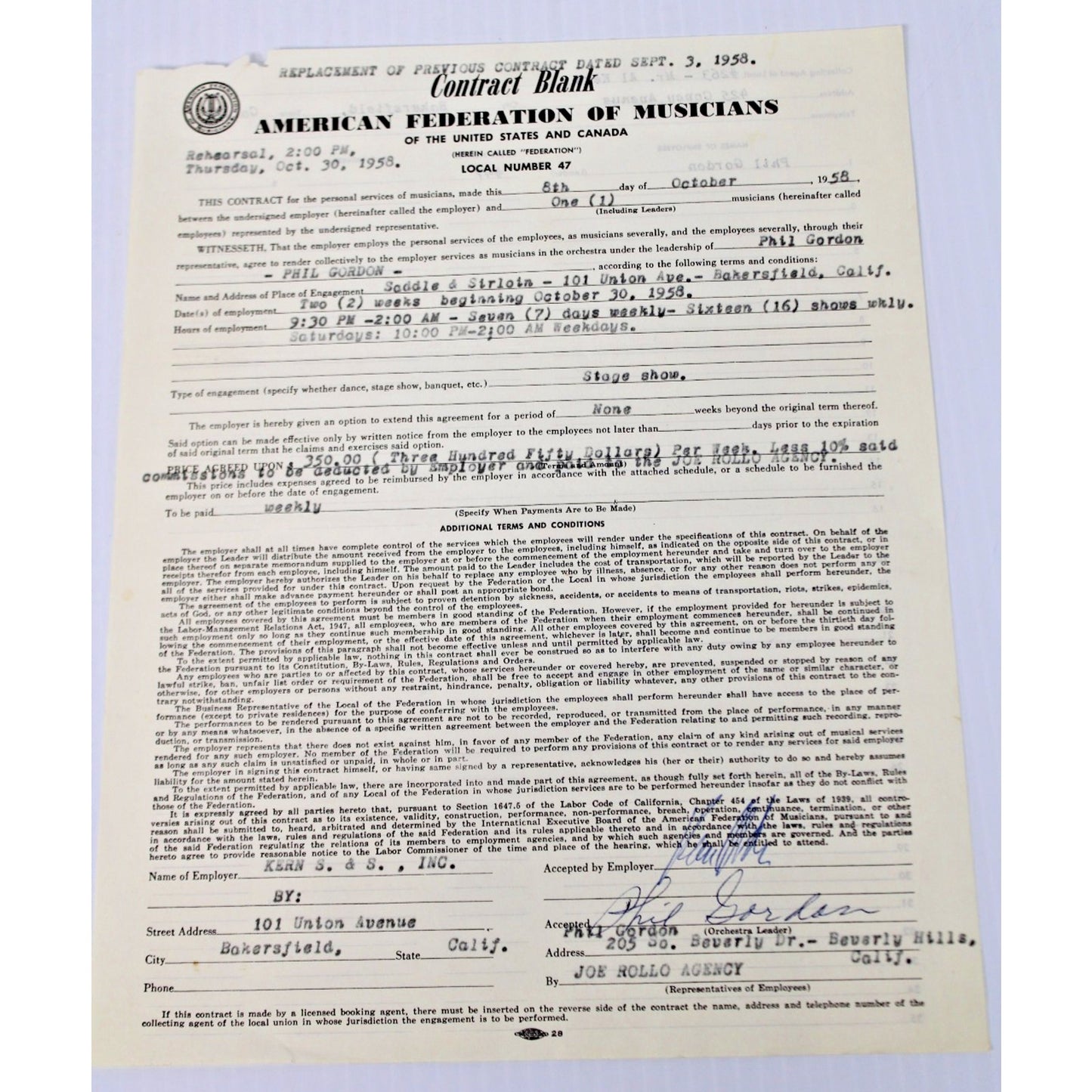 1958 Original Contract- Phil Gordon- American Federation of Musicians + Bonus