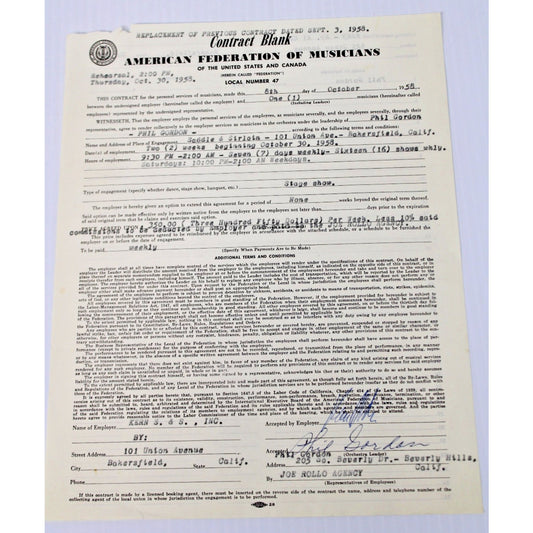 1958 Original Contract- Phil Gordon- American Federation of Musicians + Bonus