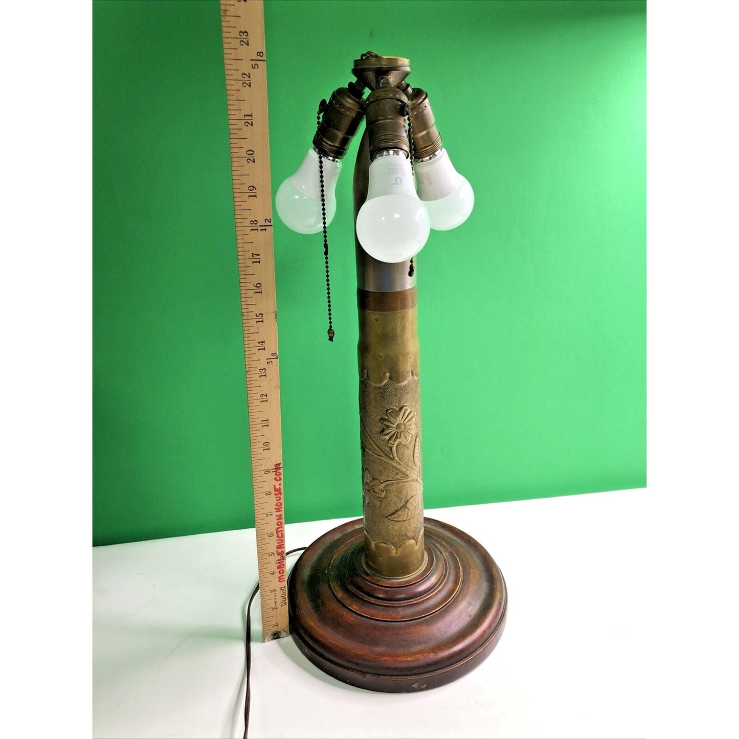 Trench Art Etched Artillery Shell Table Lamp, 3 Light, Wood Base 23” H - Works