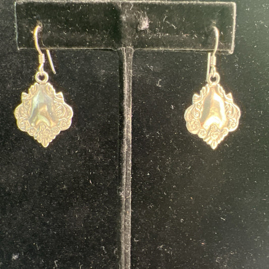 Vintage Ornate Sterling Silver Shield Medallion Earrings Dangle Drop French Wire