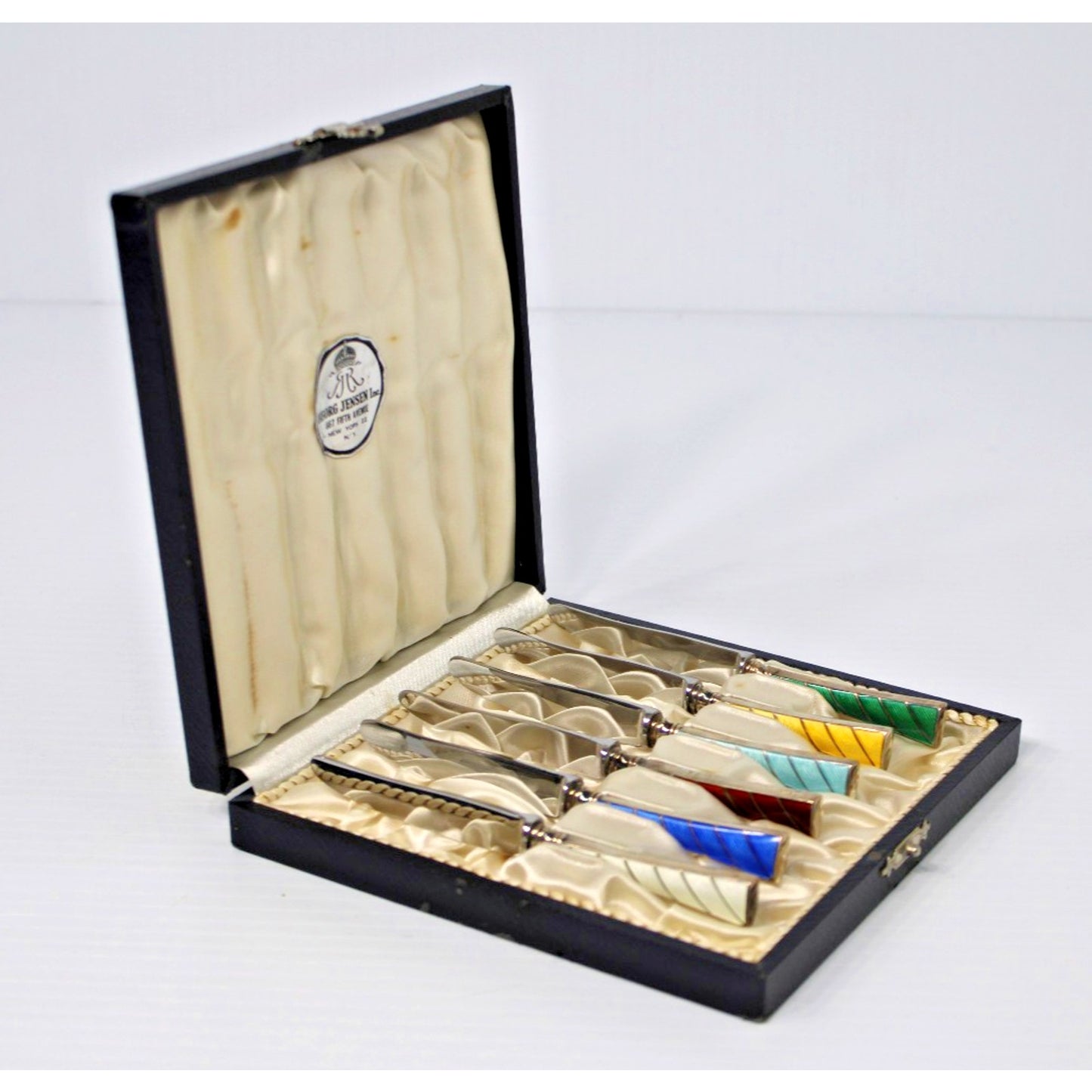 Sterling Silver Enamel Knives, Raadvad Denmark Boxed Set of 6 Art Deco Fruit Set