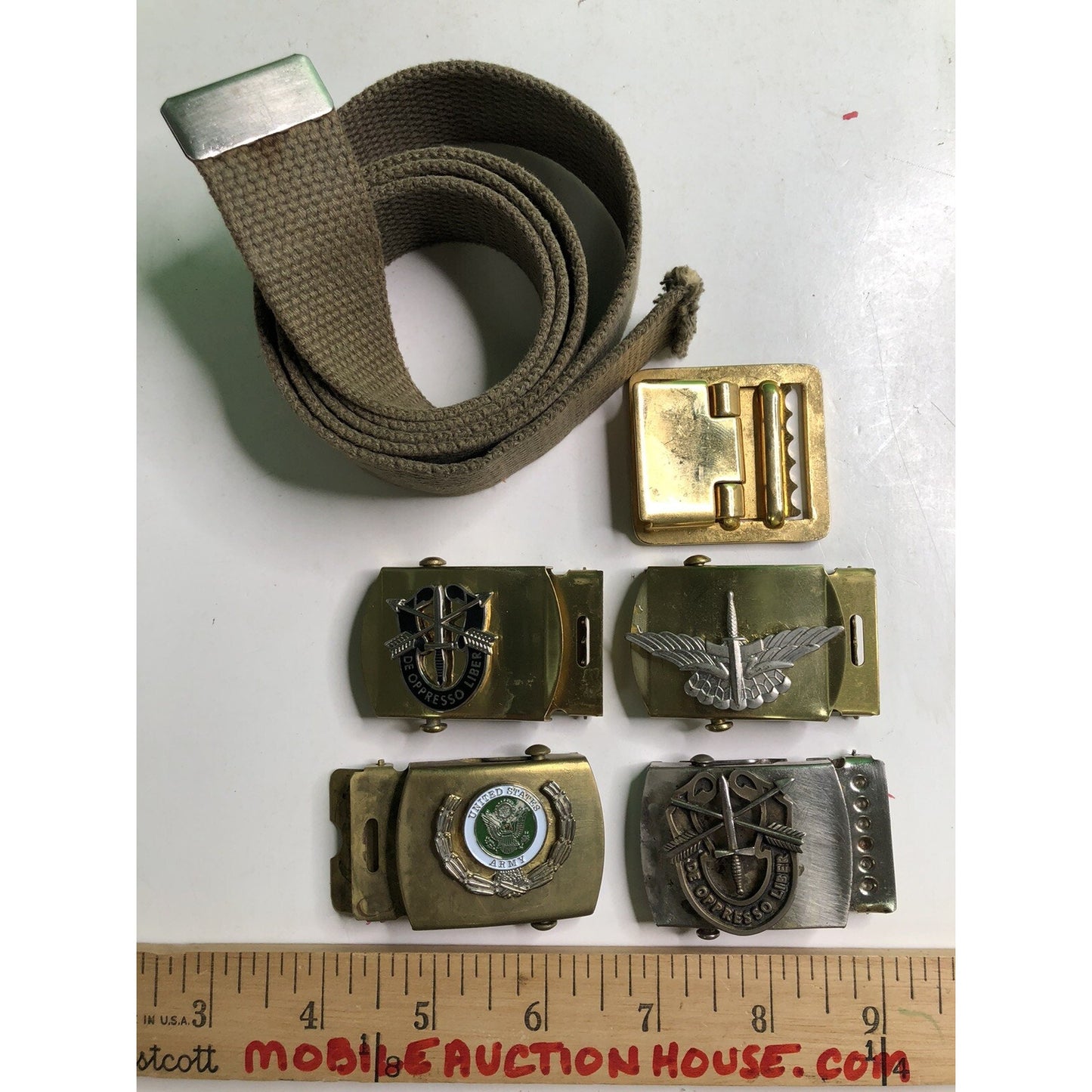 Vintage 38” Web Belt W/ 5 Buckles US Army Special Forces Brass Interchangeable