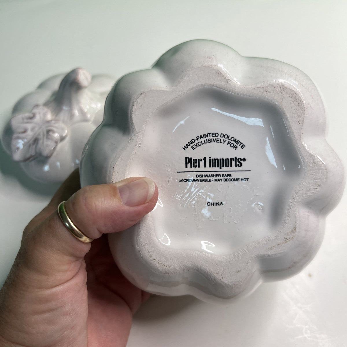 Pier 1 Hand Painted Dolomite Ceramic White Pumpkin Candy Dish W/Lid Distressed