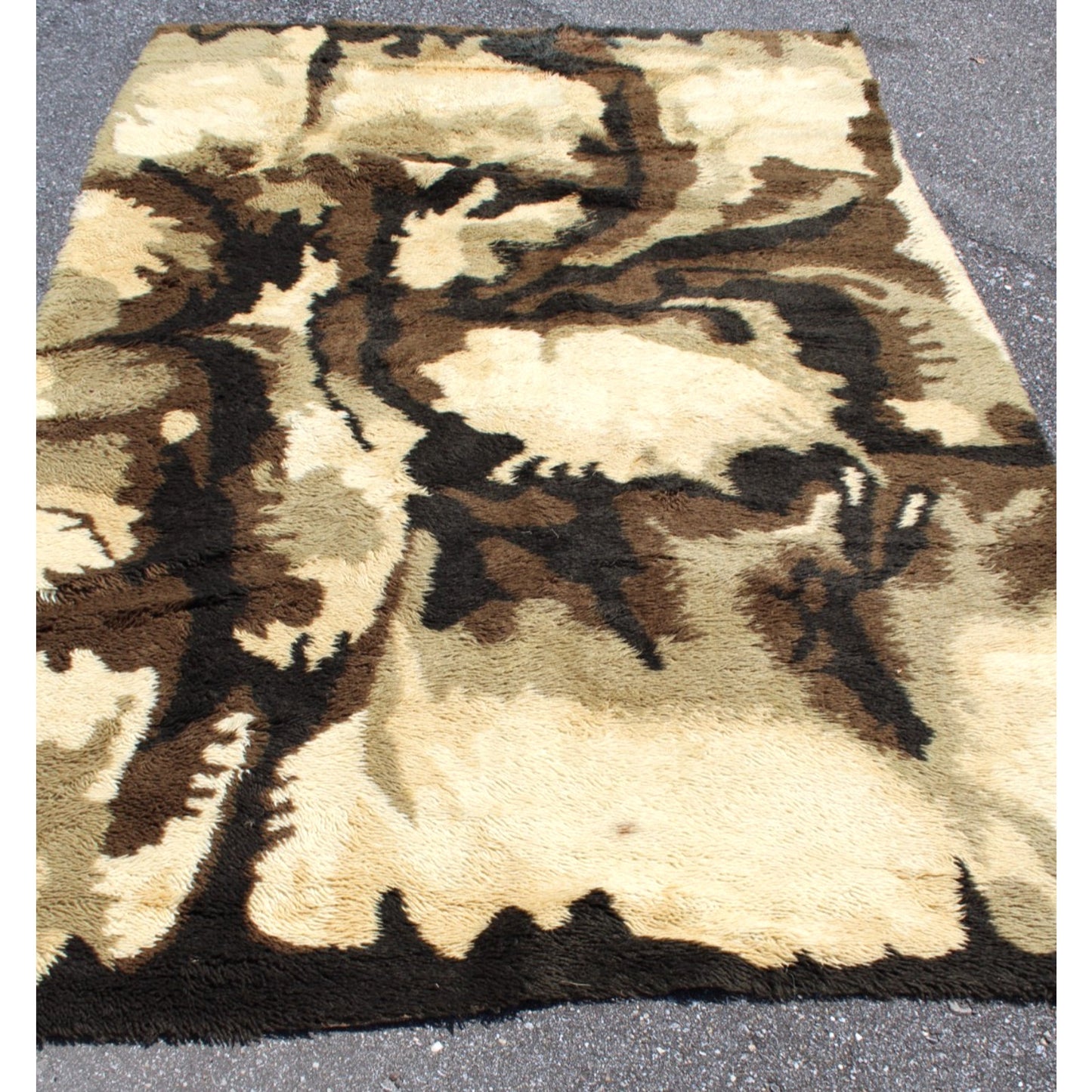 1970s Danish Modern Wool Rug by Ege Rya- 6' x 9' Tan Brown Shag Abstract Groovy