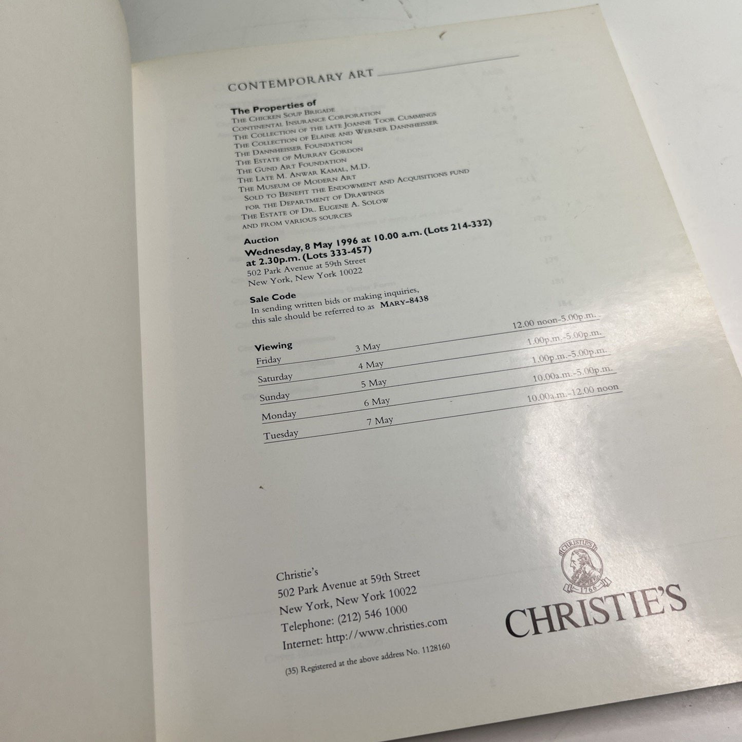 Christie’s Contemporary Art II Day Auction Catalog NY May 8, 1996 Warhol Mao