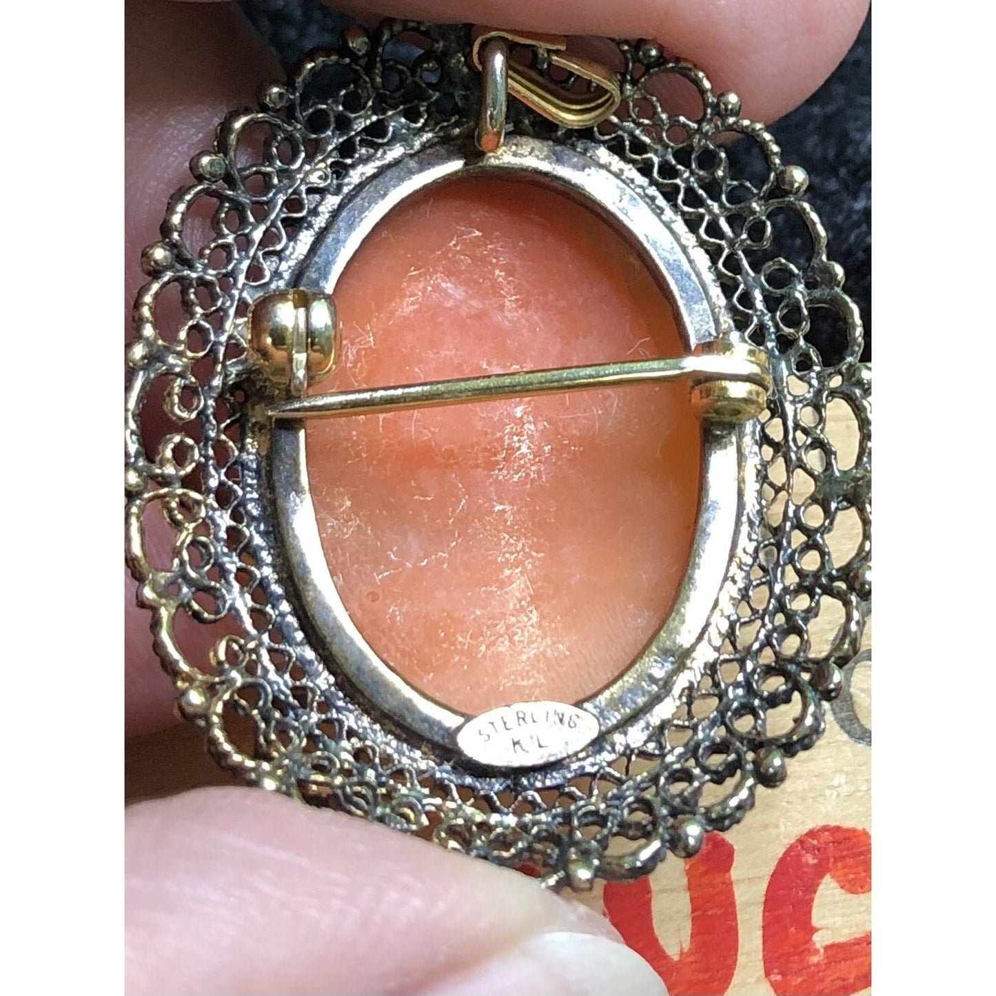 Vintage Gold Over Sterling Karen Lynne KL Filigree Shell Cameo Pendant Brooch