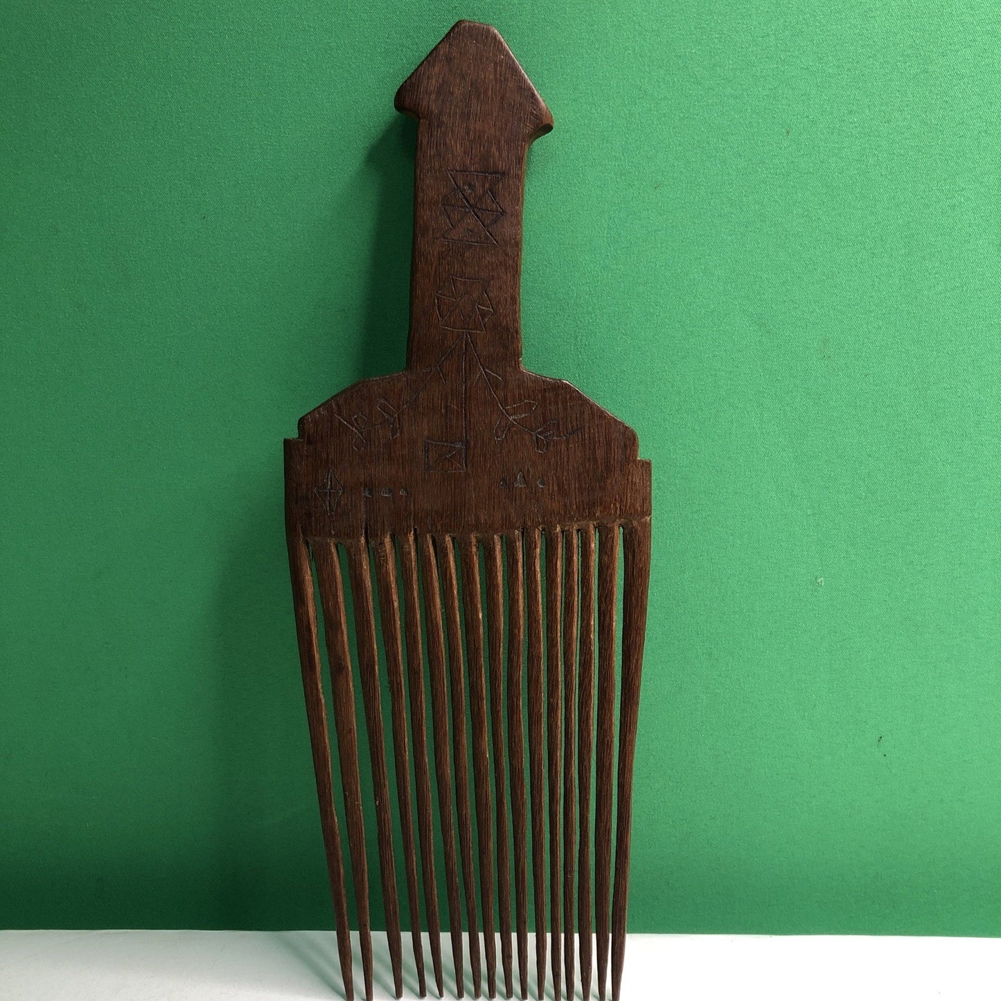 African Baule Tribe Wood Hair Pick Comb Hand Carved 10.25”