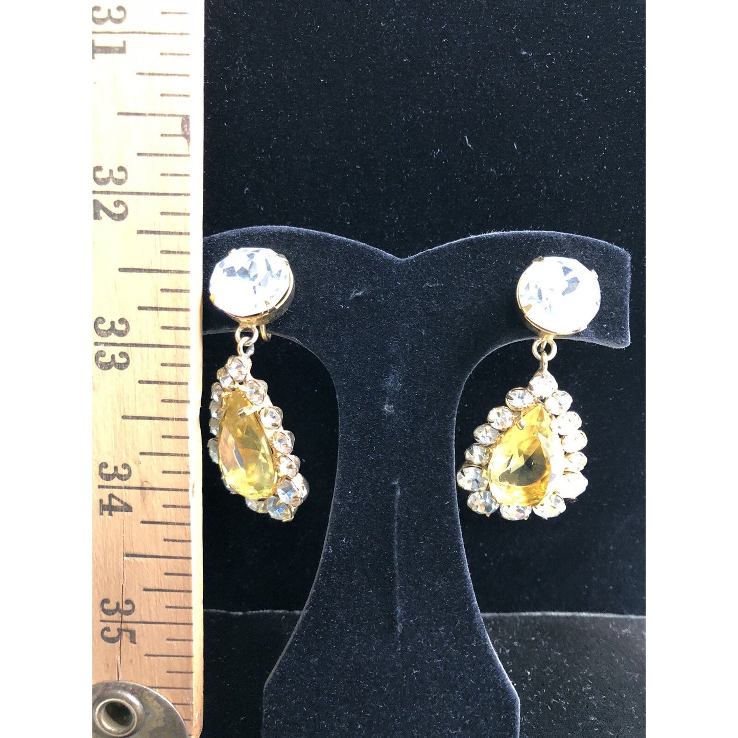 Vintage Showstopper Clip On Earrings Faux Stones Yellow Teardrop & Round Shape