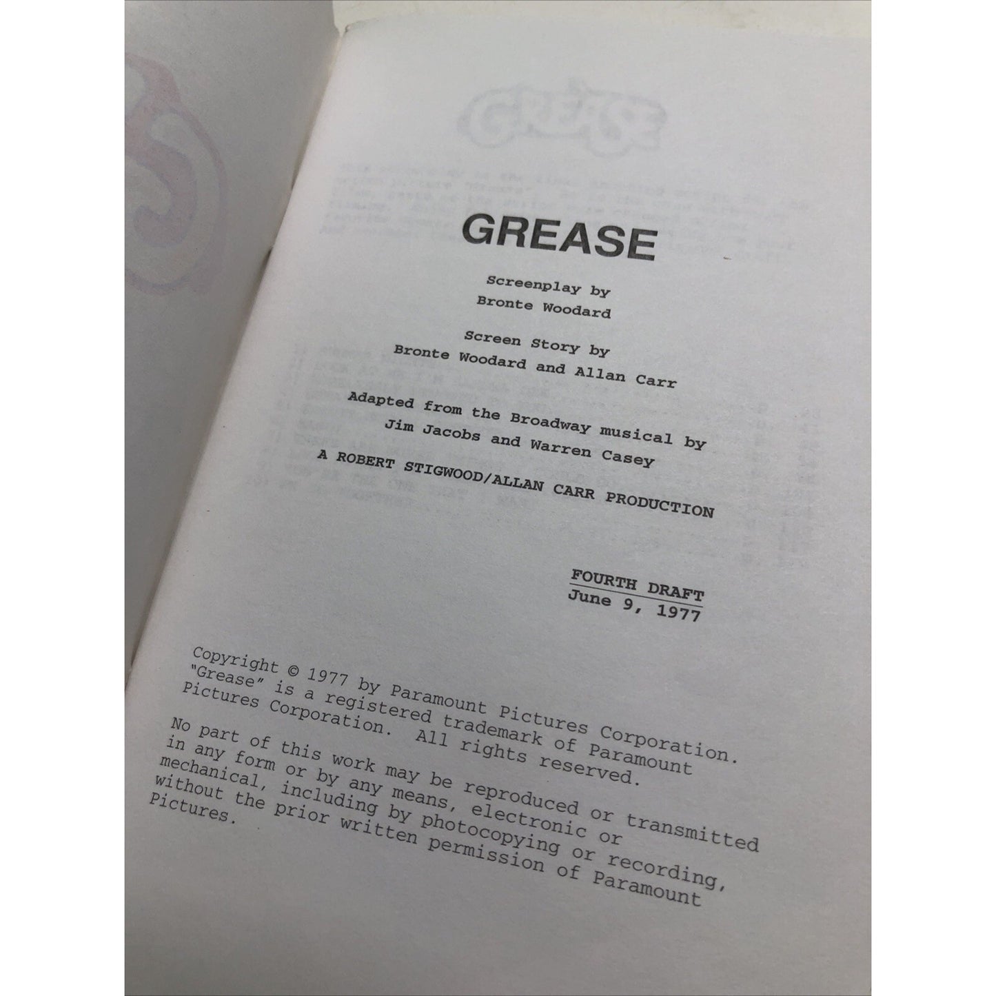 Grease Movie Script Reprint Screenplay Film 1979 John Travolta Paramount