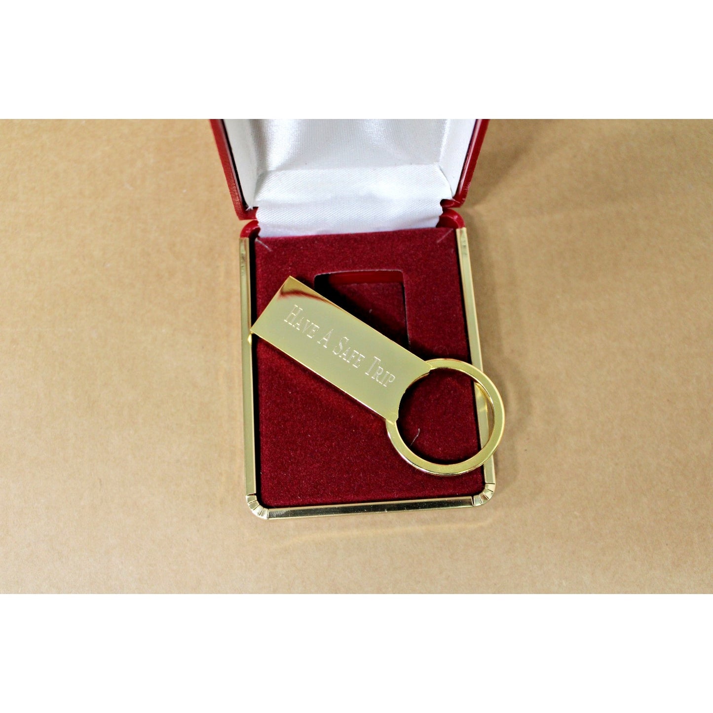 Engravable Gold Metal Keychain, Gift Boxed, "Have A Safe Trip" 1 Side, Heavy!