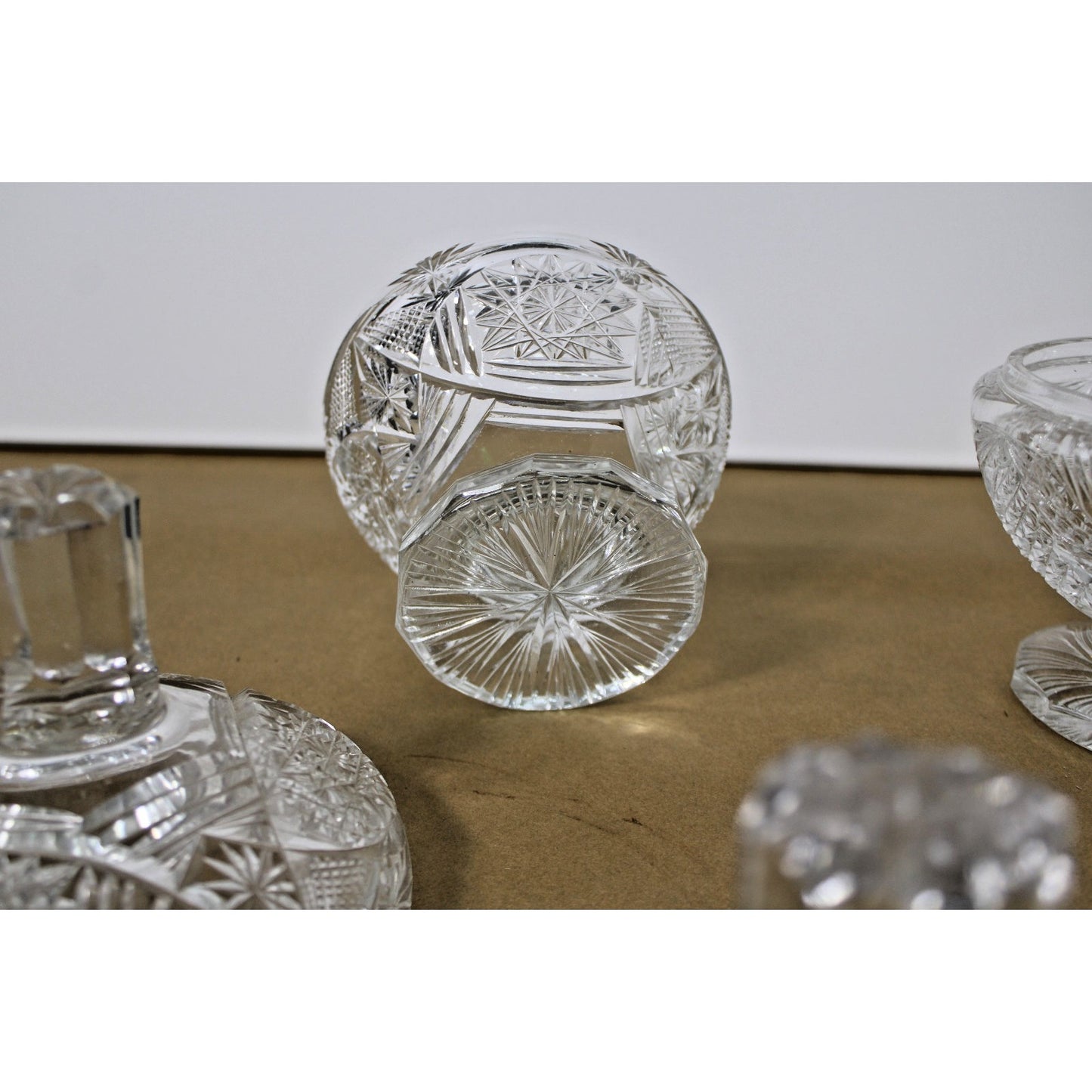 Two Heavy Vintage Bohemian Lead Crystal Dishes with Lids 9"h Brilliant Starburst