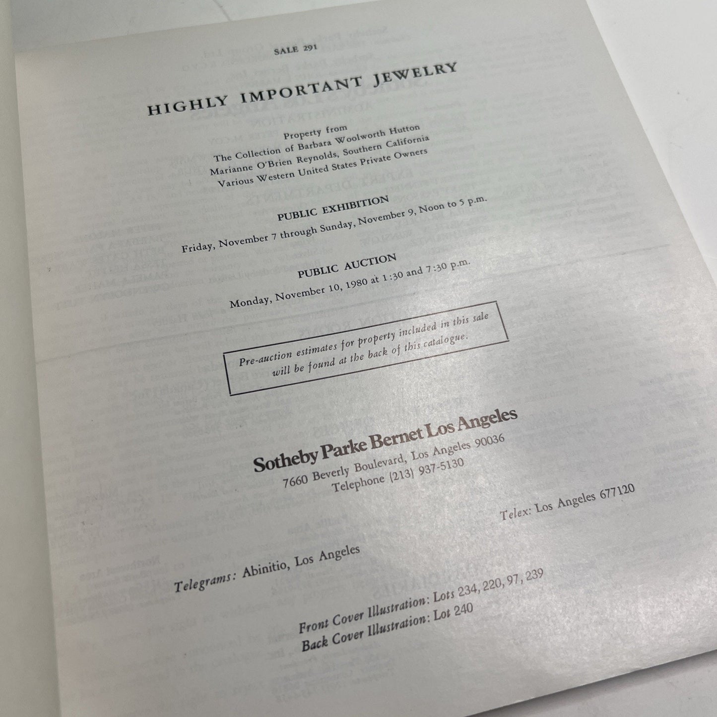 Sotheby’s Los Angeles Auction Catalog November 10, 1980 Highly Important Jewelry