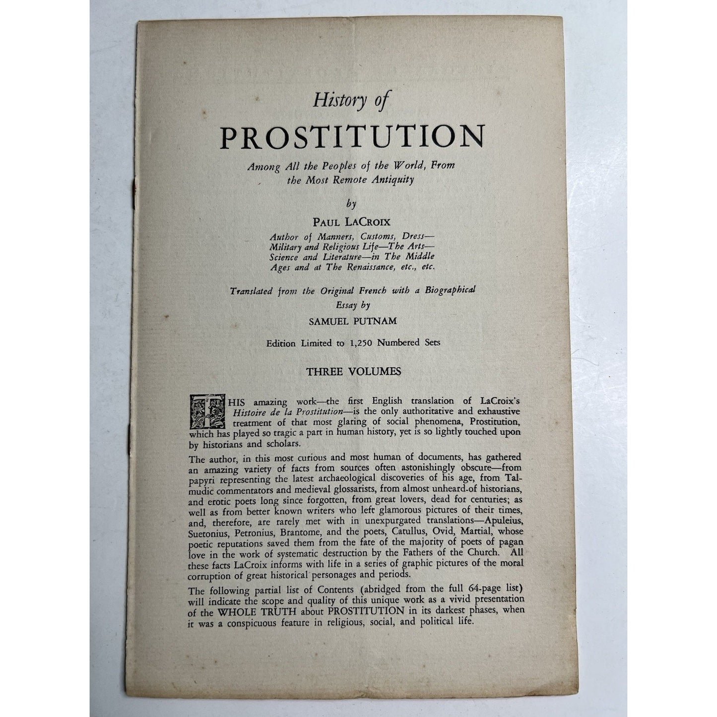 1926 3 VOL SET History Of Prostitution by Paul LaCroix HC LE 281/1250 English