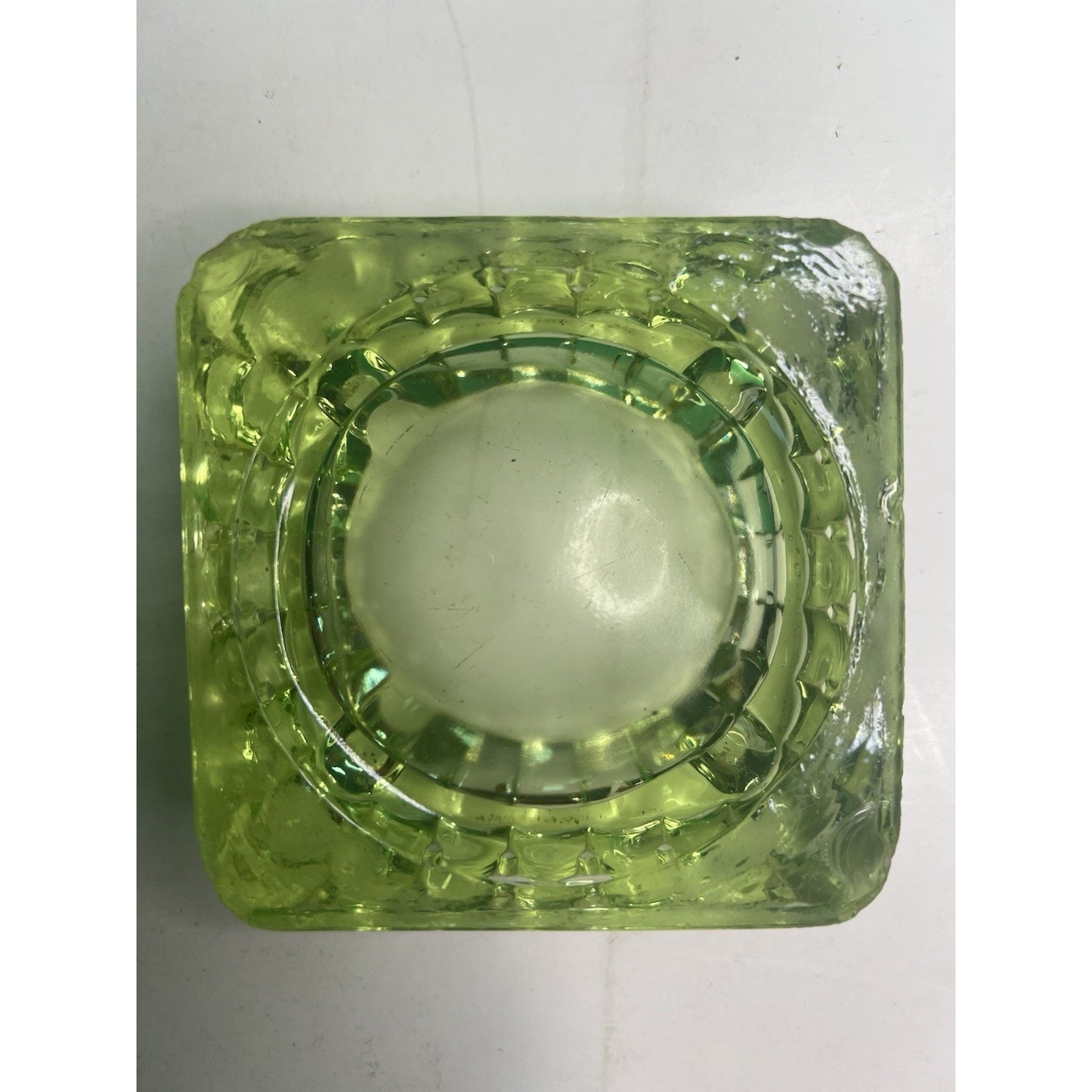 Vintage 4x4 Uranium Glass Ashtray Heavy Depression Green Glows Bright Tobacciano