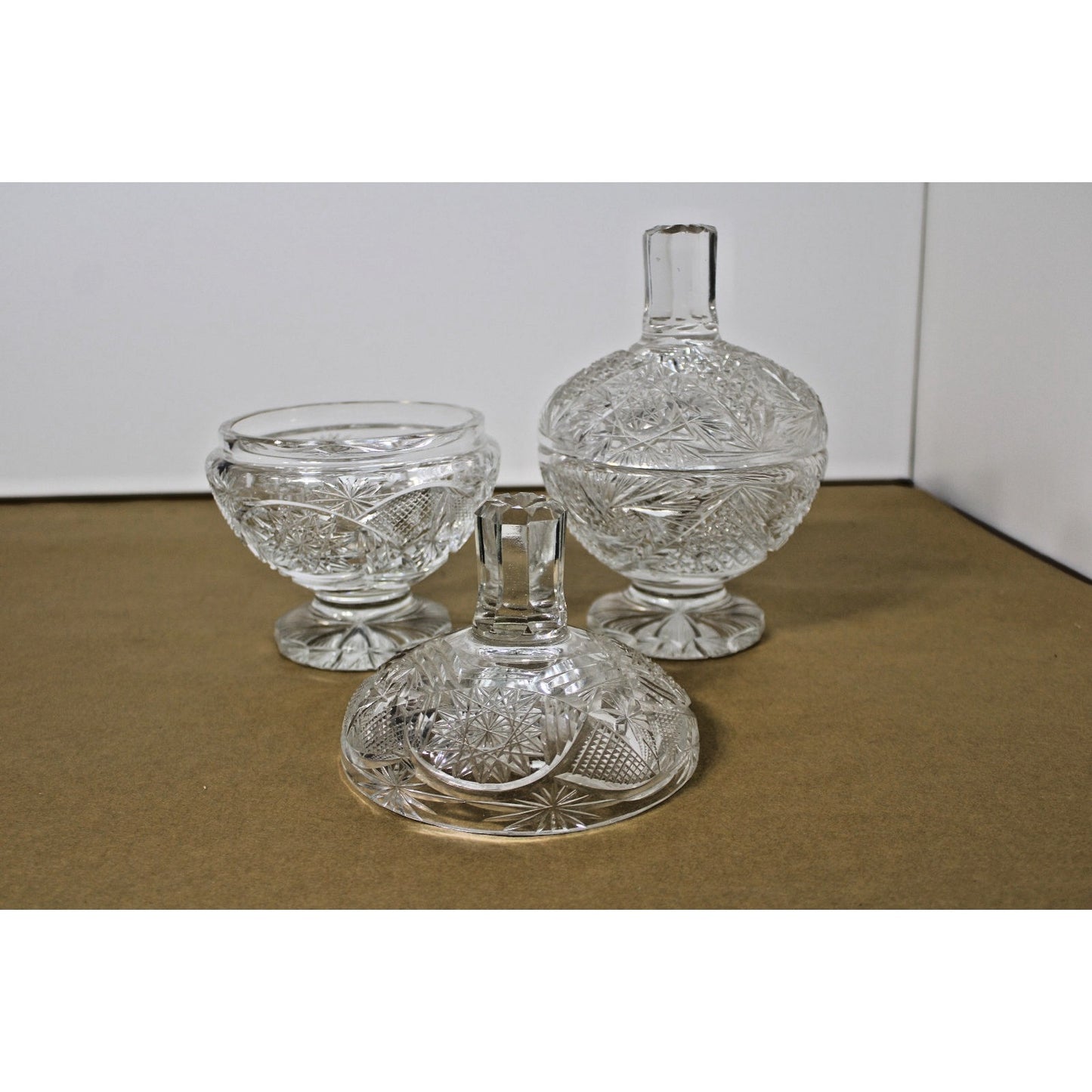 Two Heavy Vintage Bohemian Lead Crystal Dishes with Lids 9"h Brilliant Starburst