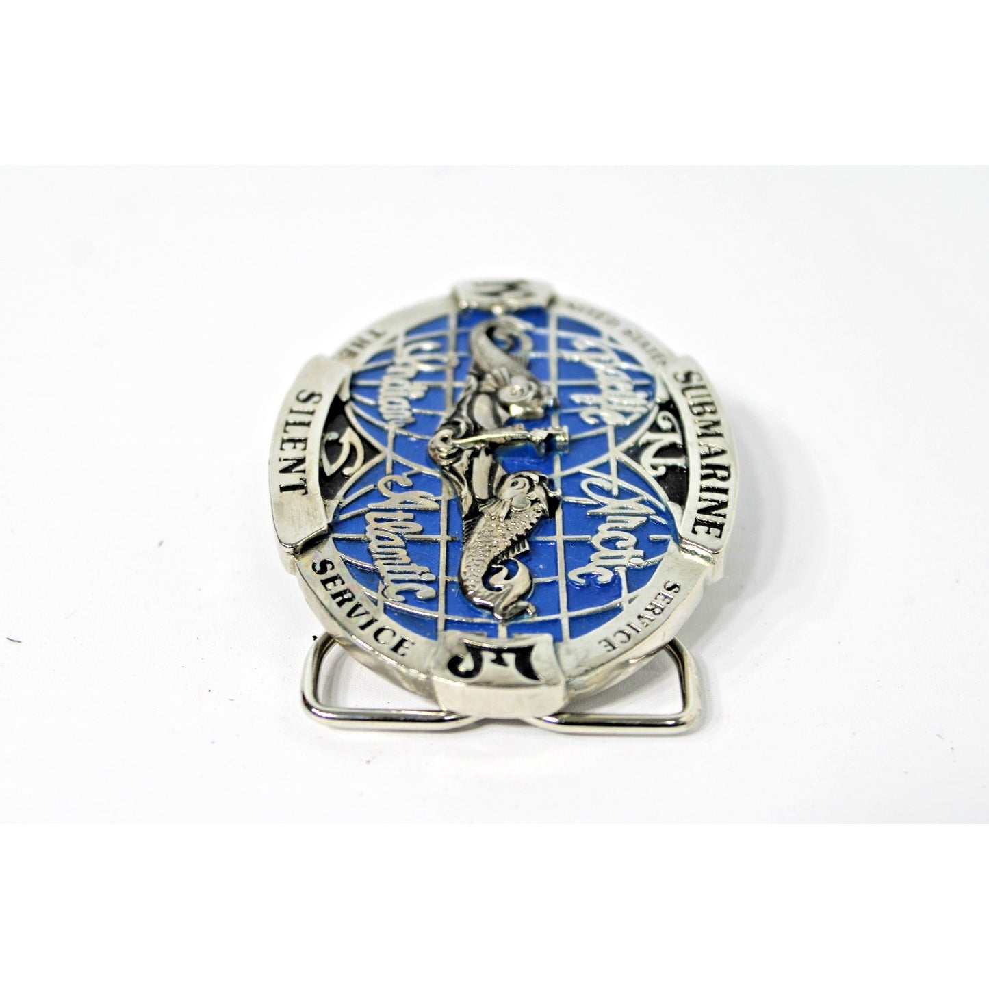Vintage USN/US NAVY Belt Buckle SUBMARINE Silent Service, Western Pewter Enamel