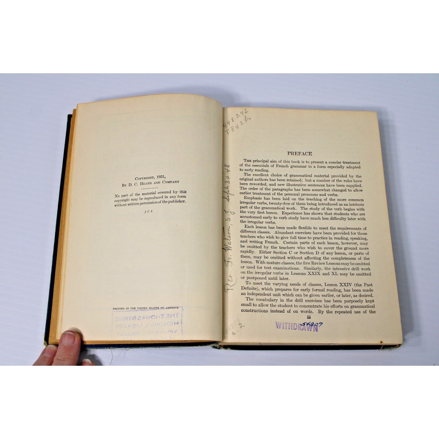 1931 Mobile AL Spring Hill College Retired Library- Heath's Brief French Grammar