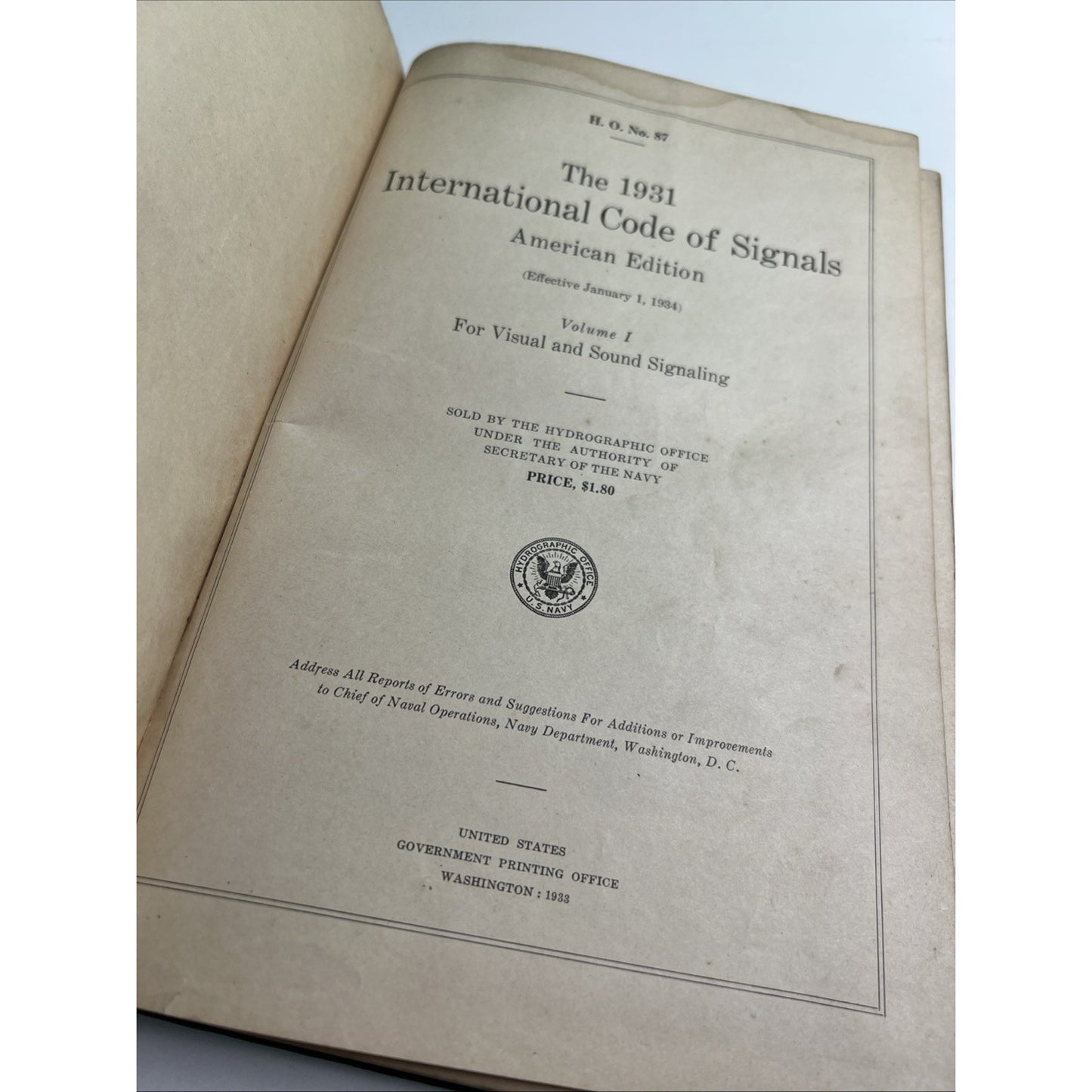 1931 INTERNATIONAL CODE OF SIGNALS VOLUME 1 AMERICAN EDITION H.O. No. 87 1933
