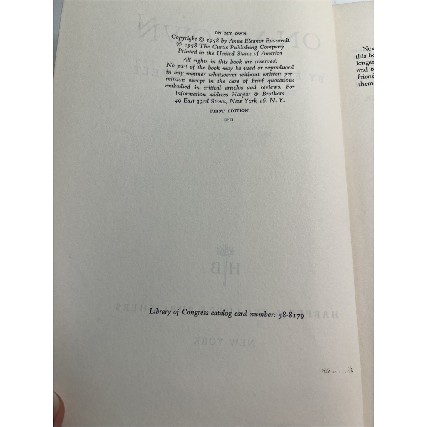 1st Edition Eleanor Roosevelt On My Own The Years Since 1958 HC DJ Illustrated