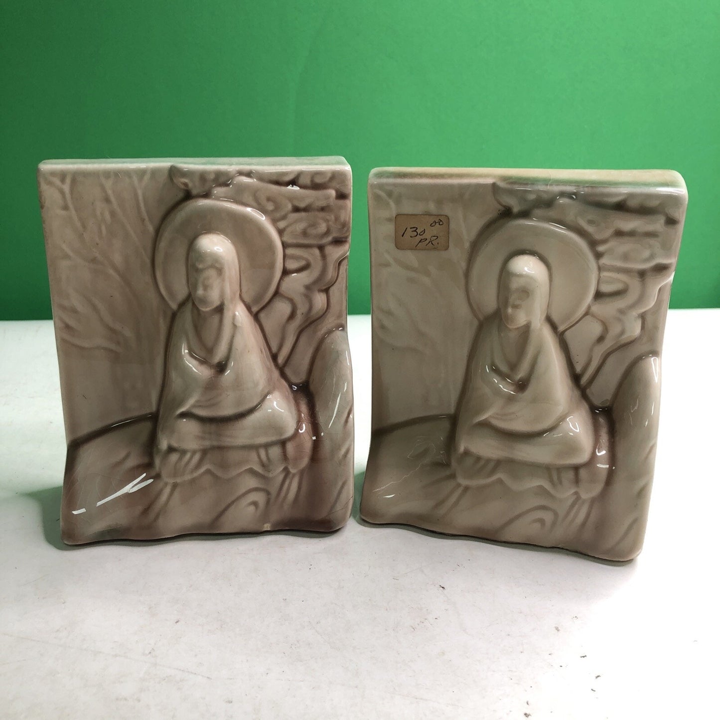 Vintage Art Pottery Bookends USA Asian Buddah Chinese Design